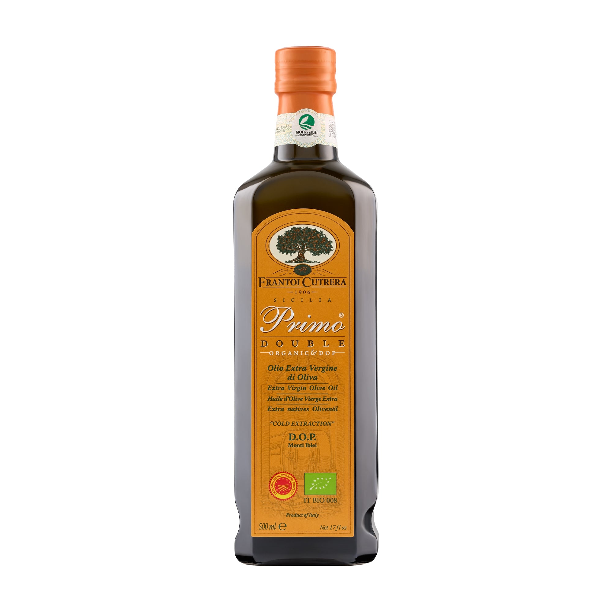 A 500 ml bottle of Frantoi Cutrera Primo Double Organic PDO Monte Iblei, extra virgin olive oil from Sicily.