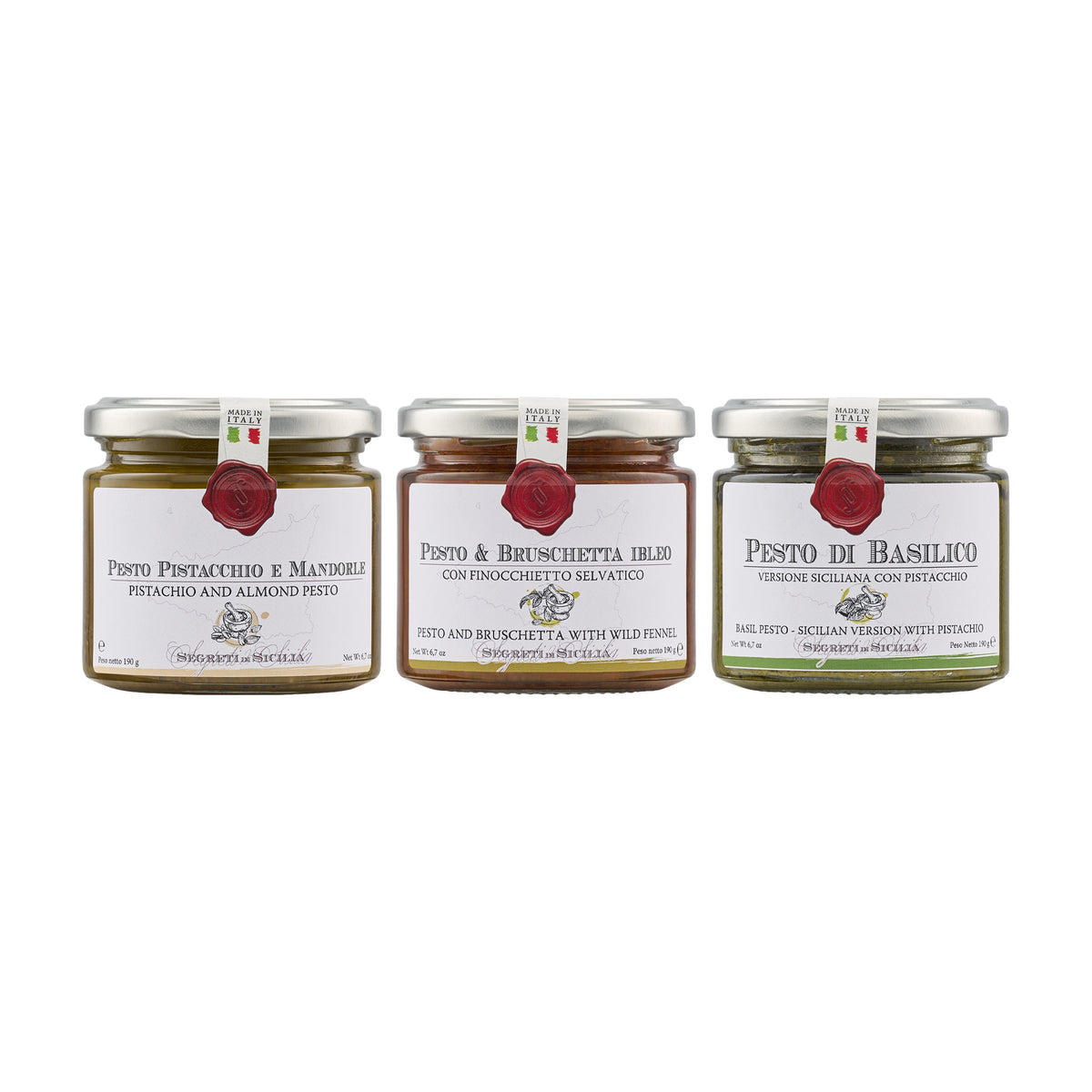 Frantoi Cutrera Sicilian Pesto Pack with three 190g jars of assorted pesto varieties.