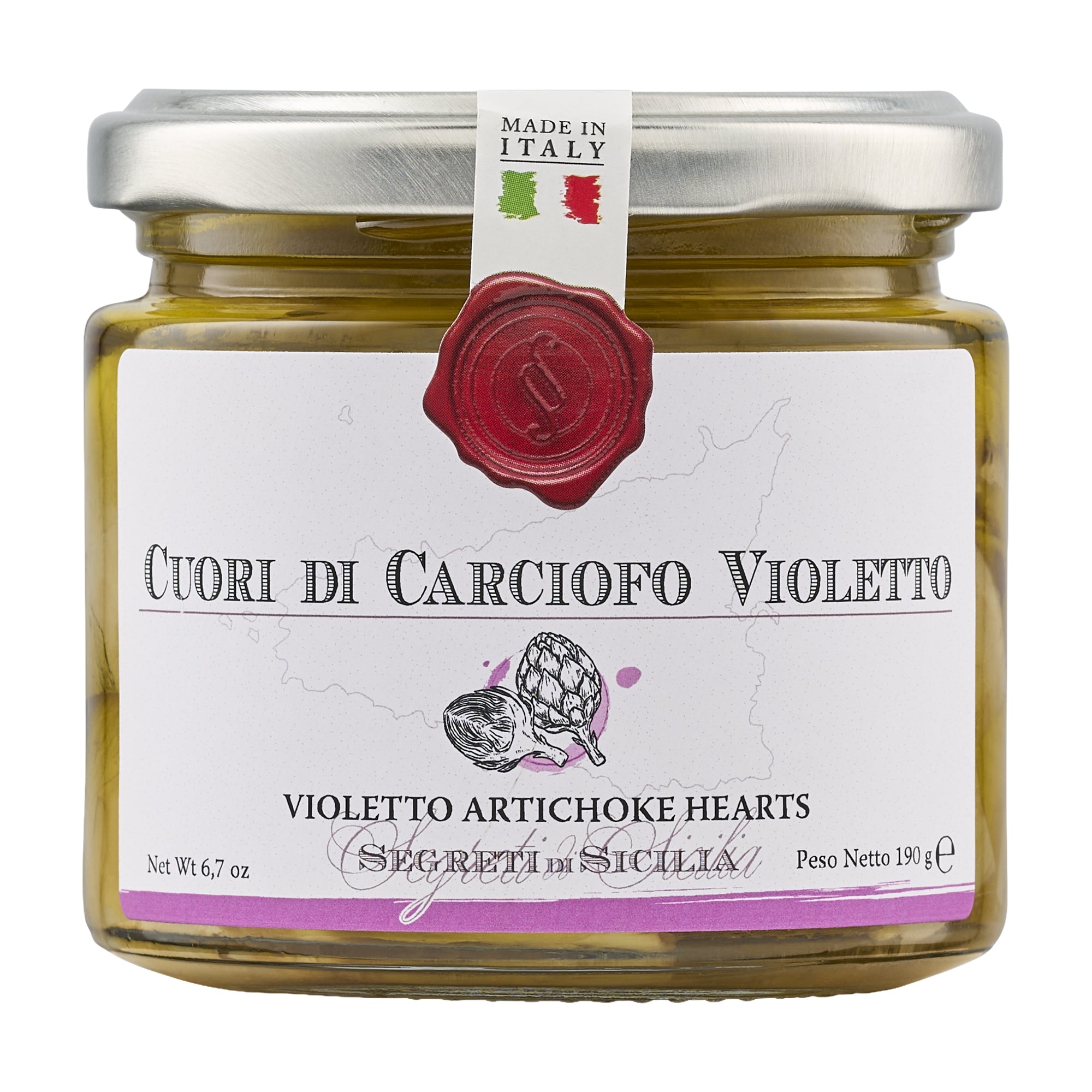 190g jar of Frantoi Cutrera Violetto Artichoke Hearts from Italy.