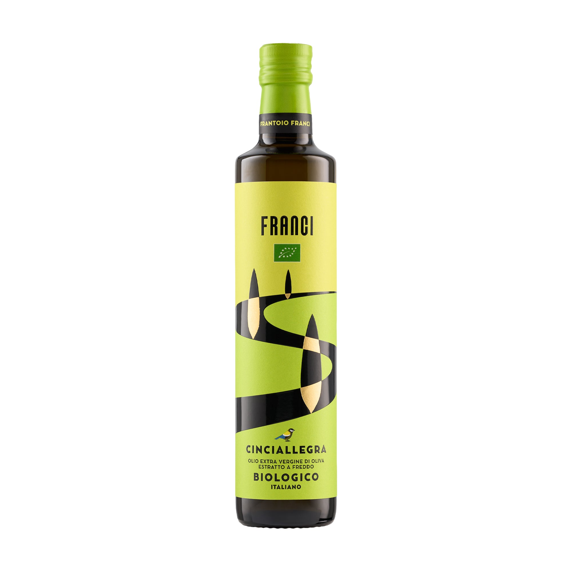 A 500 ml bottle of Franci Bio Organic extra virgin olive oil from Tuscany, Italy.