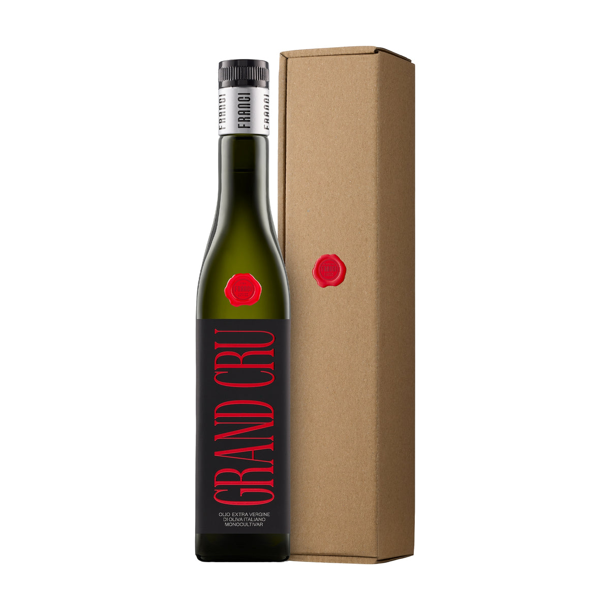 A 500 ml bottle of Franci Villa Magra Grand Cru with its gift box.