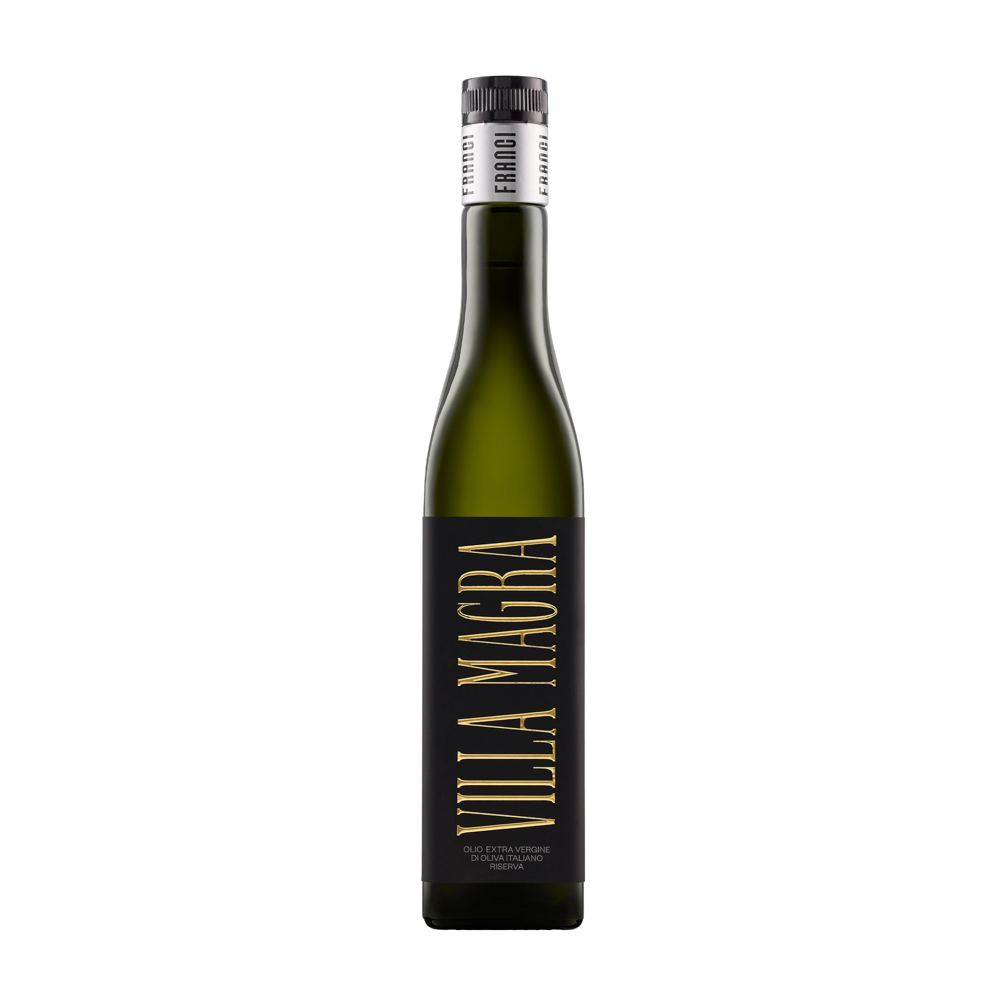 A 500 ml bottle of Franci Villa Magra extra virgin olive oil, from Tuscany, Italy.