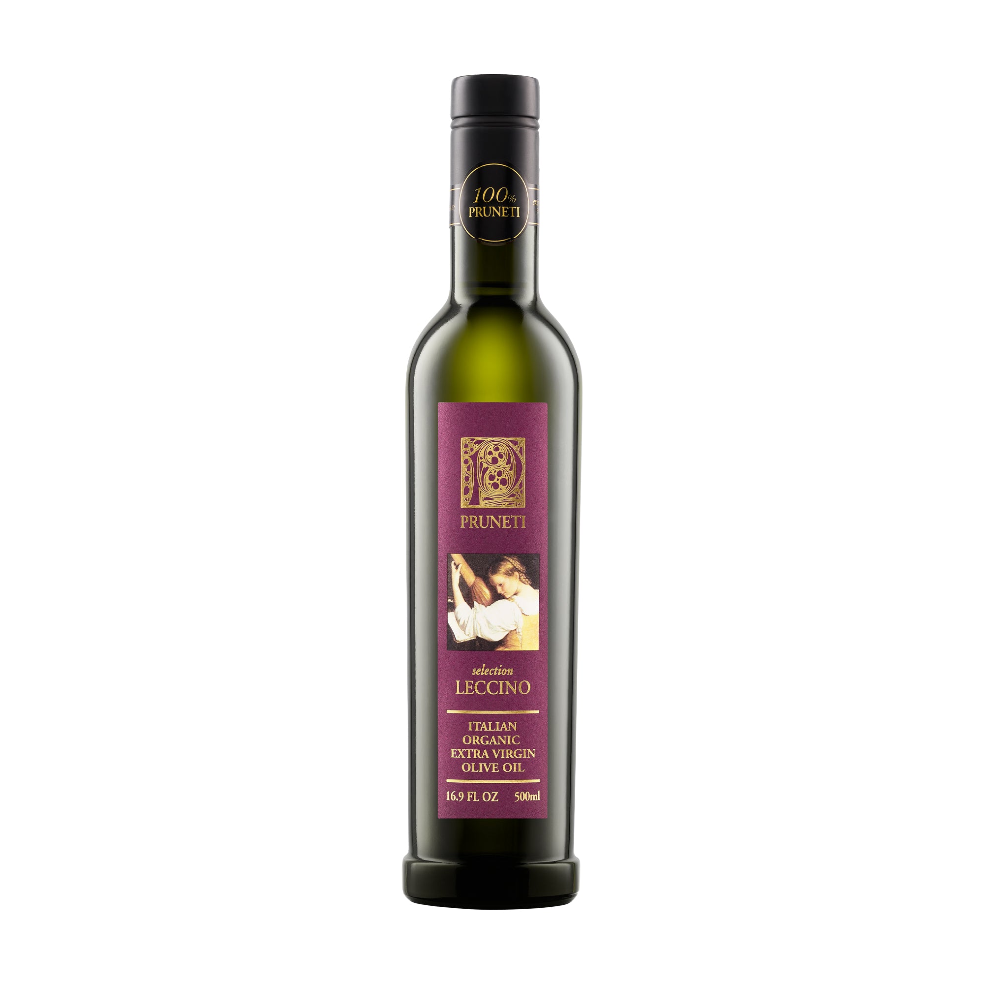500 ml bottle of Pruneti Leccino Biologico extra virgin olive oil from Tuscany, Italy.