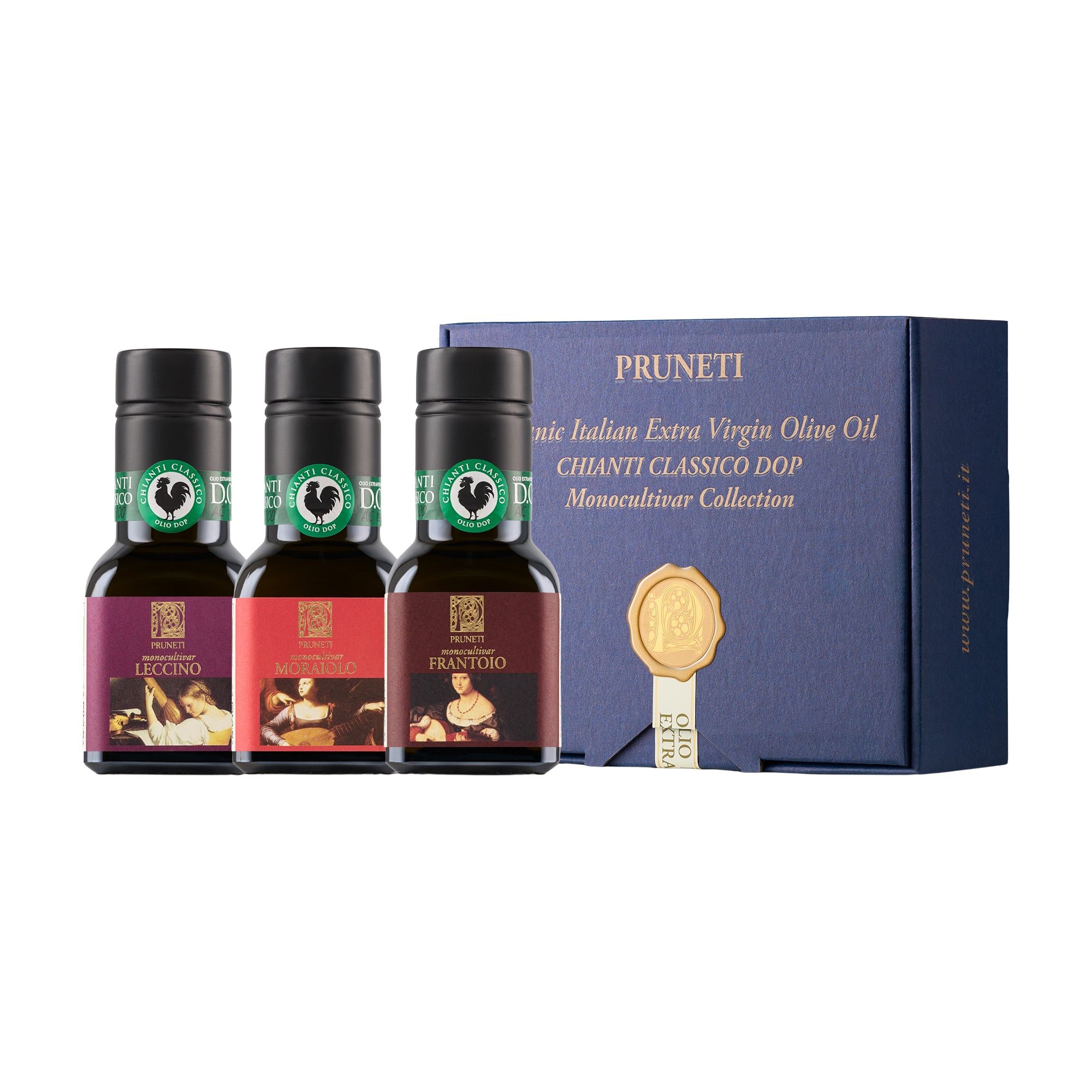 Three 100 ml Pruneti olive oils—Leccino, Moraiolo, and Frantoio—beside an elegant blue gift box.