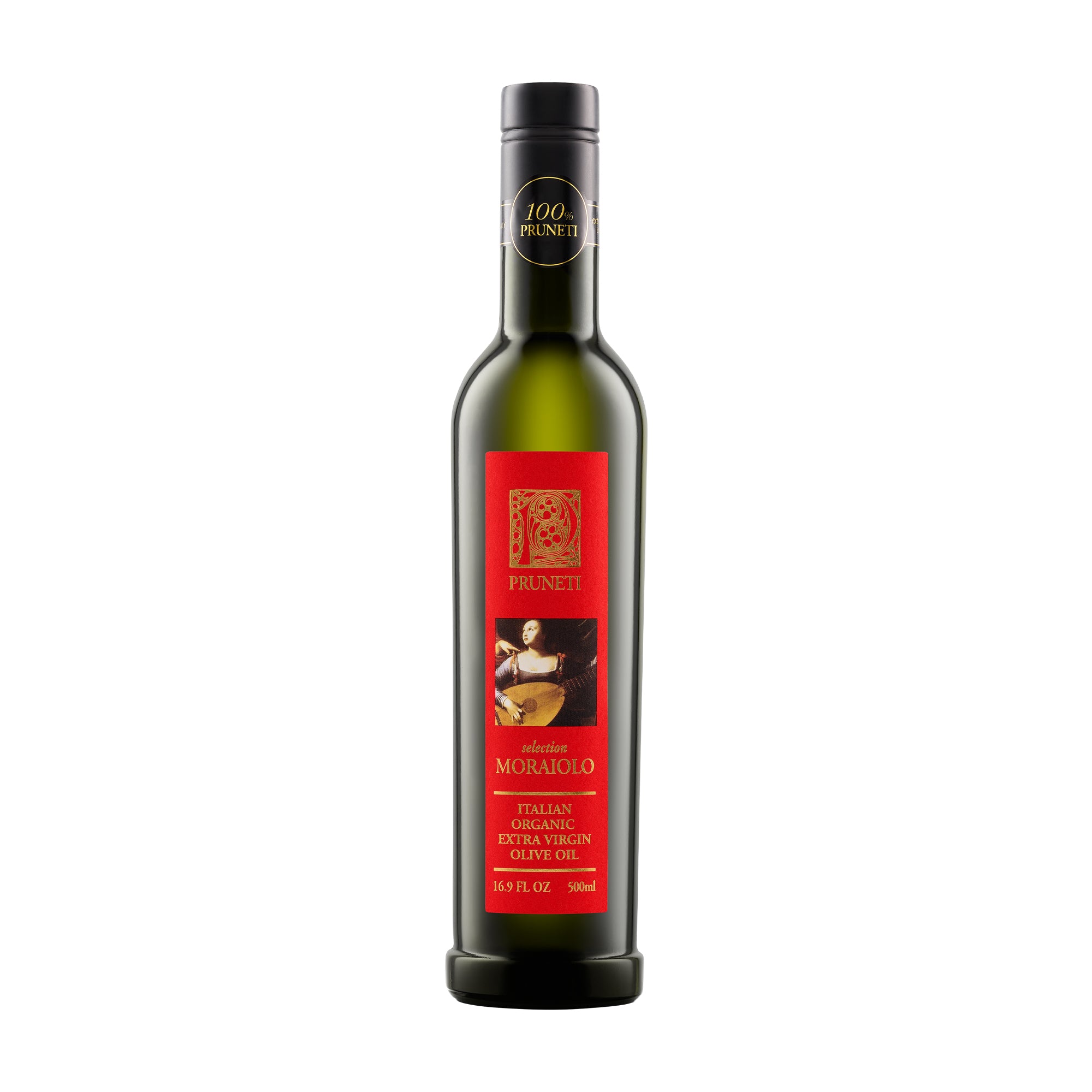 A 500 ml bottle of Pruneti Moraiolo Biologico extra virgin olive oil from Tuscany, Italy.