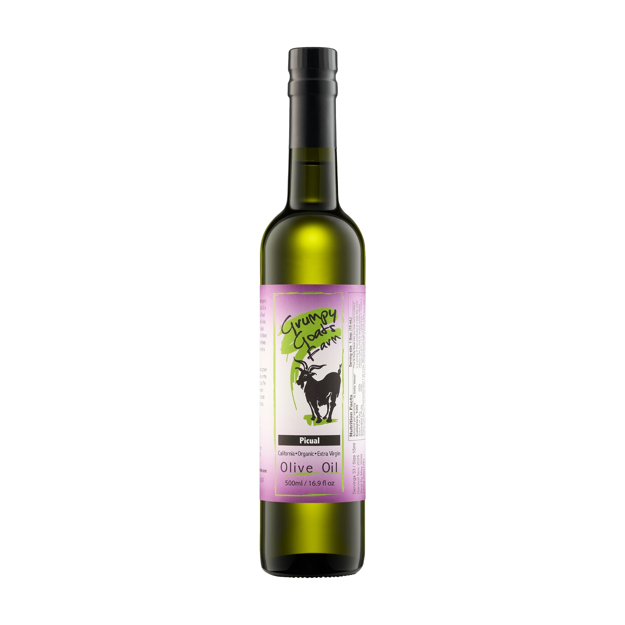 500 ml Grumpy Goats Organic Picual extra virgin olive oil bottle from California, United States.