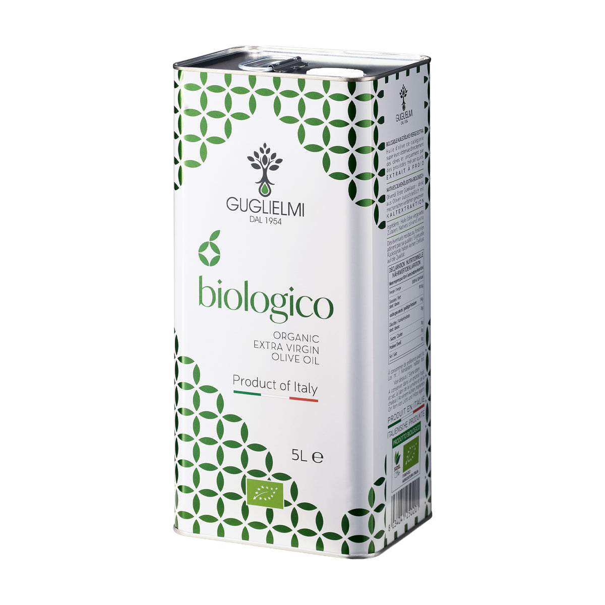 Angled view of Guglielmi Biologico 5L Tin extra virgin olive oil from Puglia, Italy.