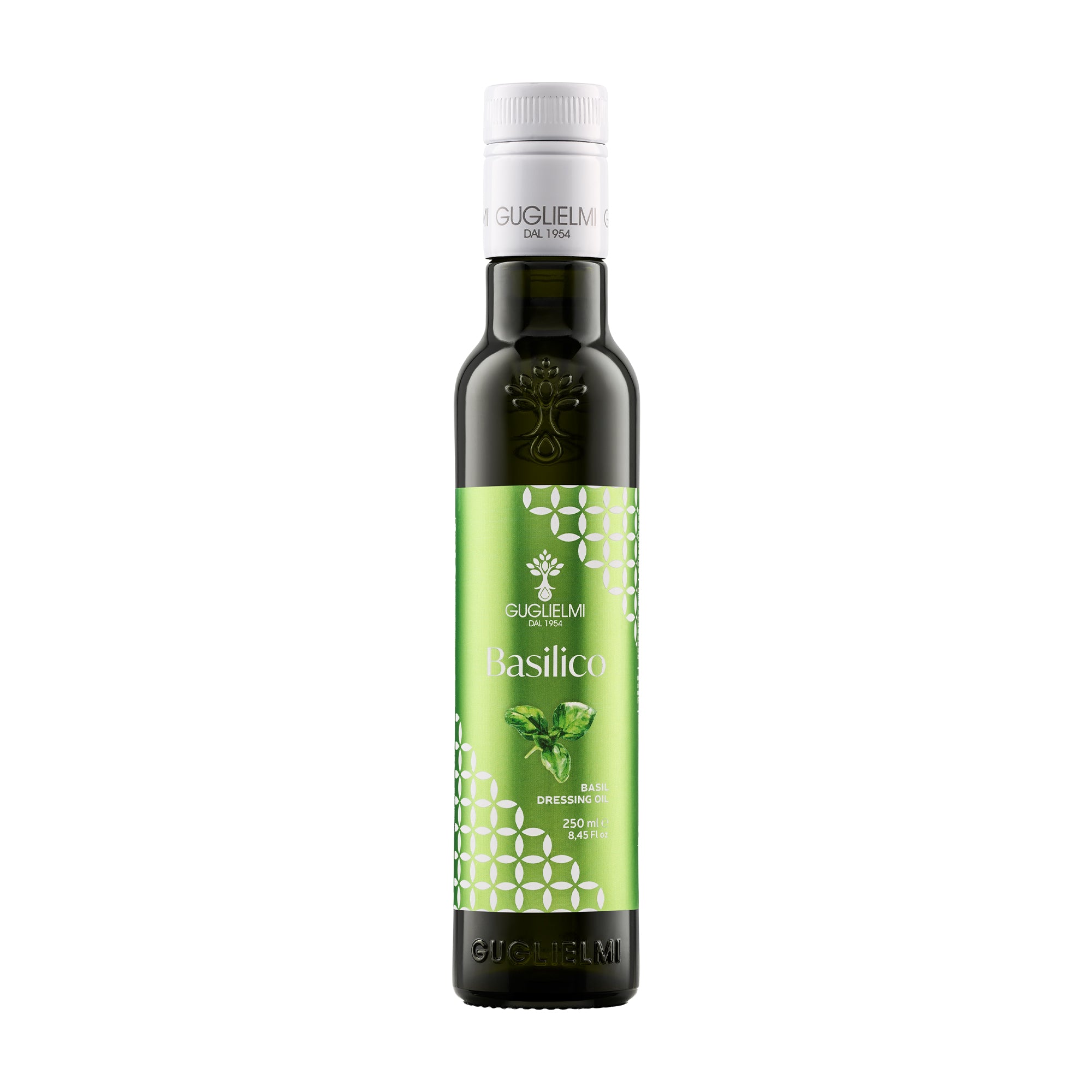 250 ml bottle of Olio Guglielmi Crushed Basil flavored extra virgin olive oil.