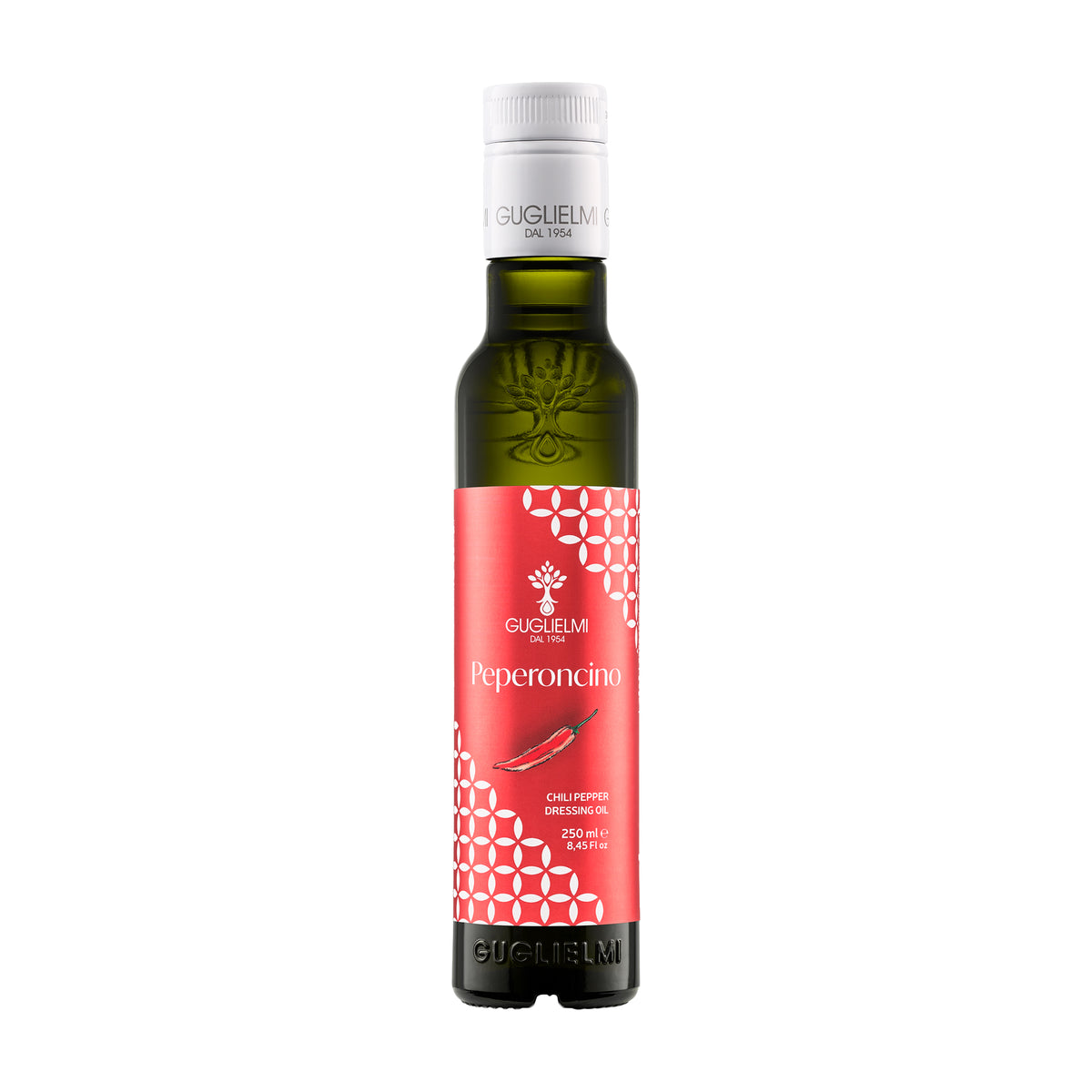 250 ml bottle of Olio Guglielmi Crushed Chili Pepper extra virgin olive oil.