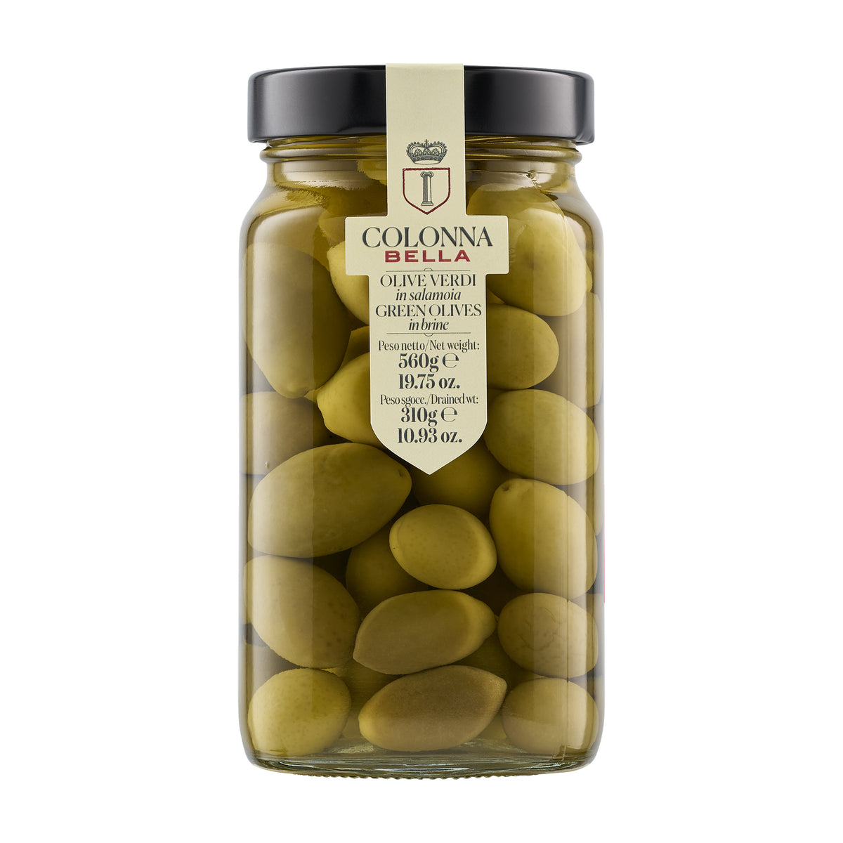 560g jar of Colonna Bella di Colonna Green Olives from Italy.