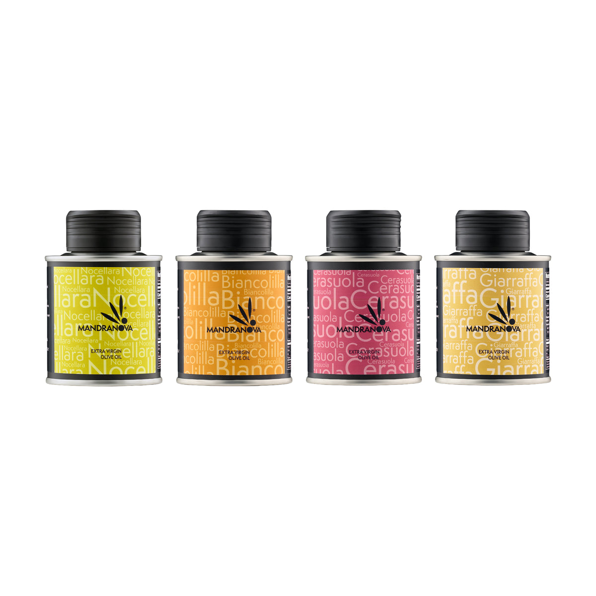 Mandranova Travel Pack set with four 100 ml bottles of monocultivar extra virgin olive oil.