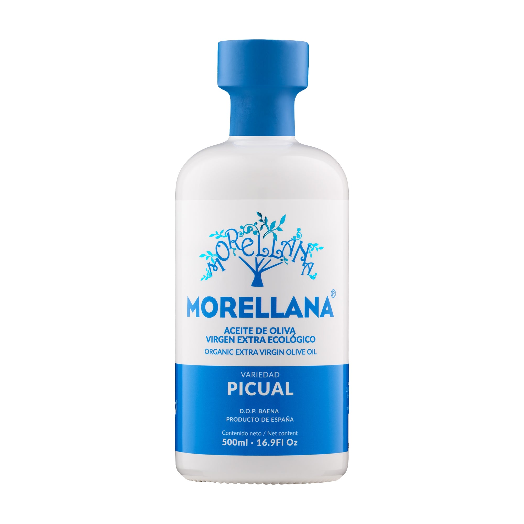 A 500 ml bottle of Morellana Organic Picual DOP Baena extra virgin olive oil.