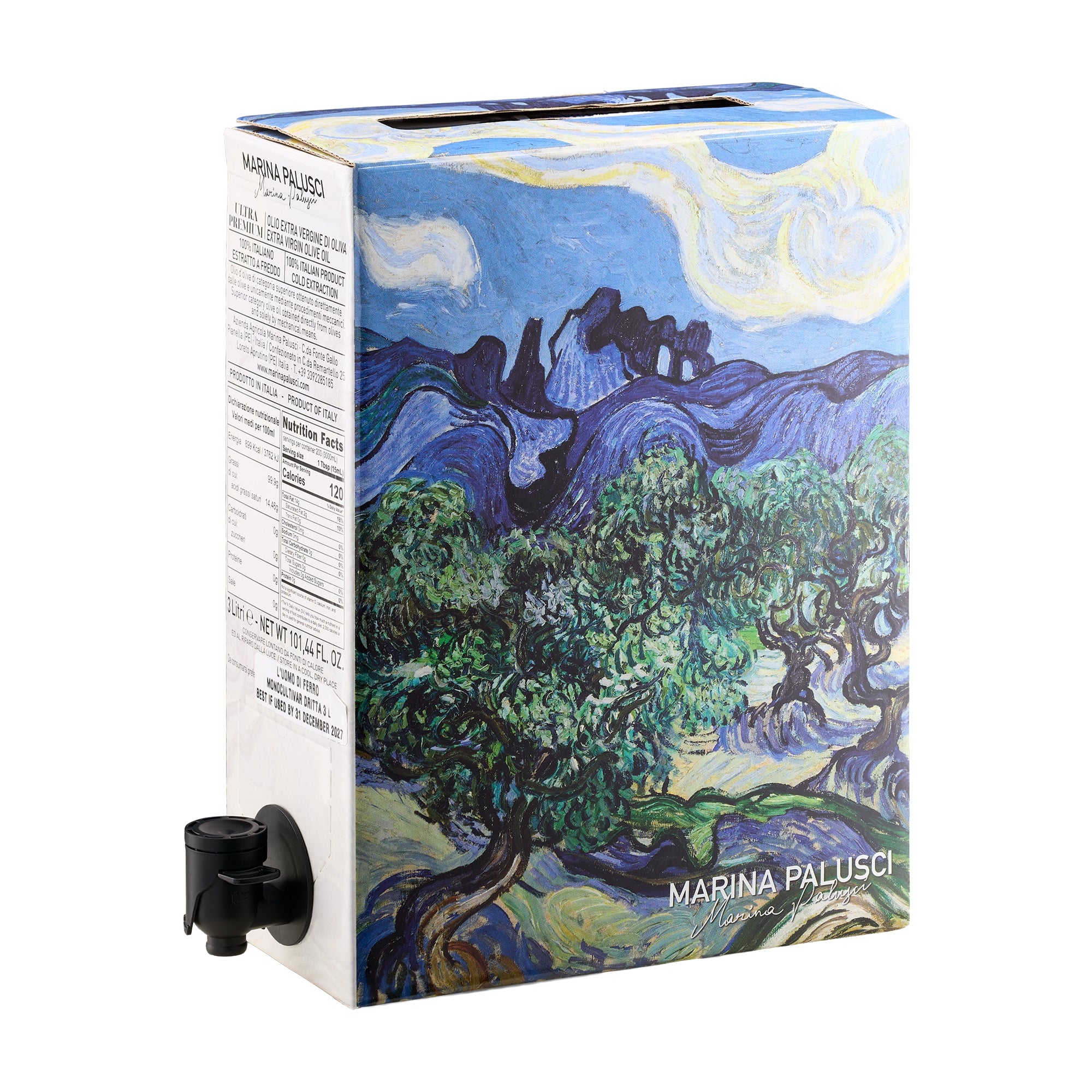 Angled view of Marina Palusci L'Uomo di Ferro 3L Bag-In-Box with dispensing spout extended.