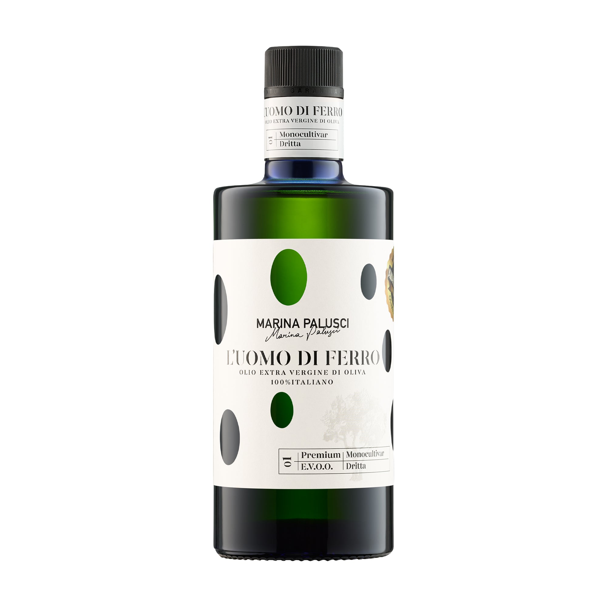 Marina Palusci L'Uomo di Ferro 500ml extra virgin olive oil bottle from Abruzzo, Italy.