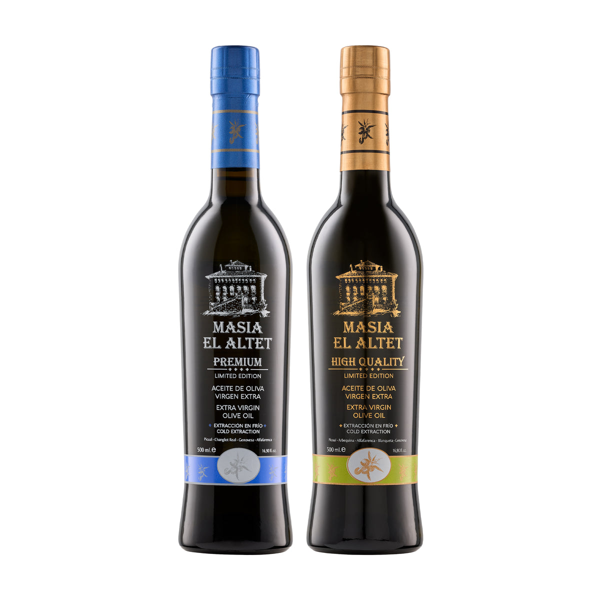 Two 500 ml Masia El Altet bottles; Premium and High Quality, from Valencia, Spain.