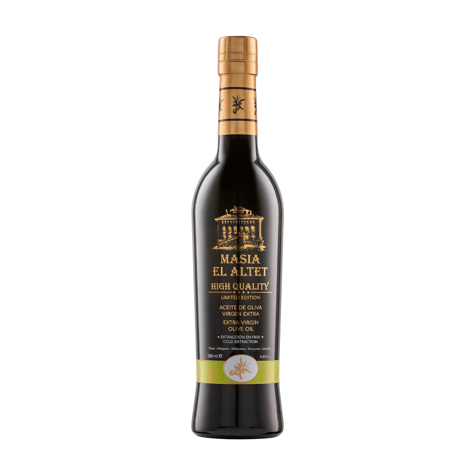 Masia el Altet High Quality 500 ml extra virgin olive oil bottle from Valencia, Spain.