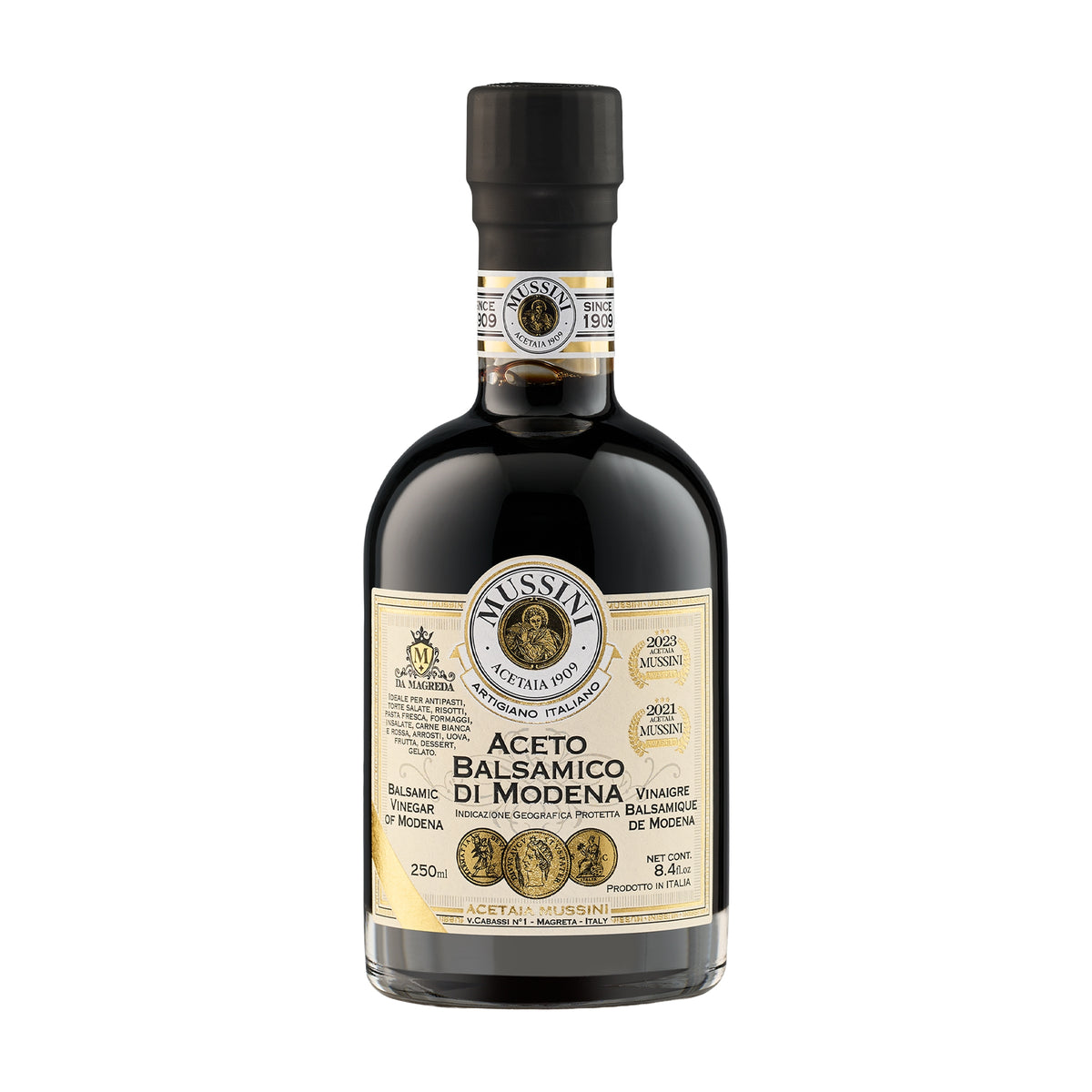 250 ml bottle of Mussini PGI Balsamic Vinegar of Modena 3 Gold Medals.