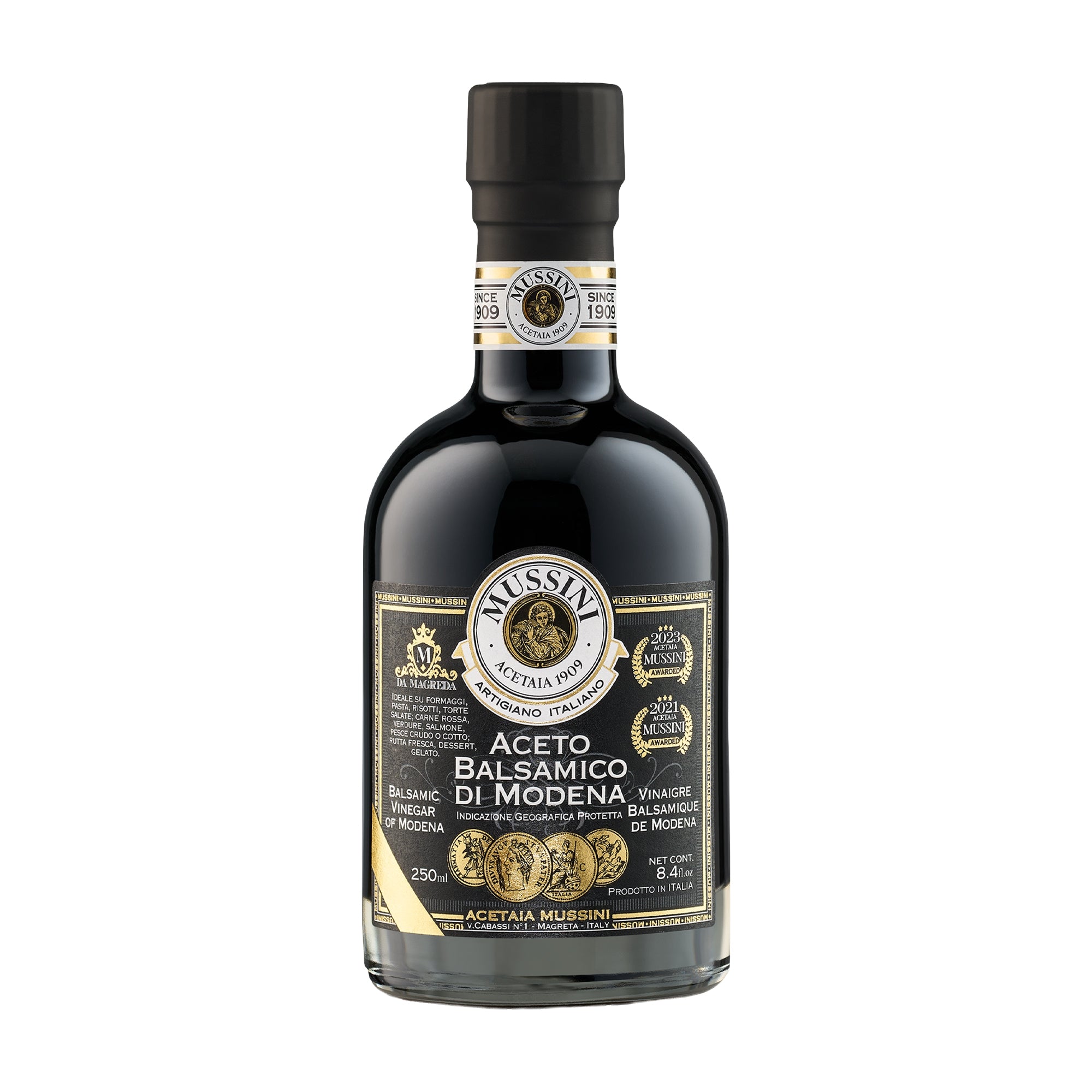 250 ml bottle of Mussini PGI Balsamic Vinegar of Modena 4 Gold Medals.