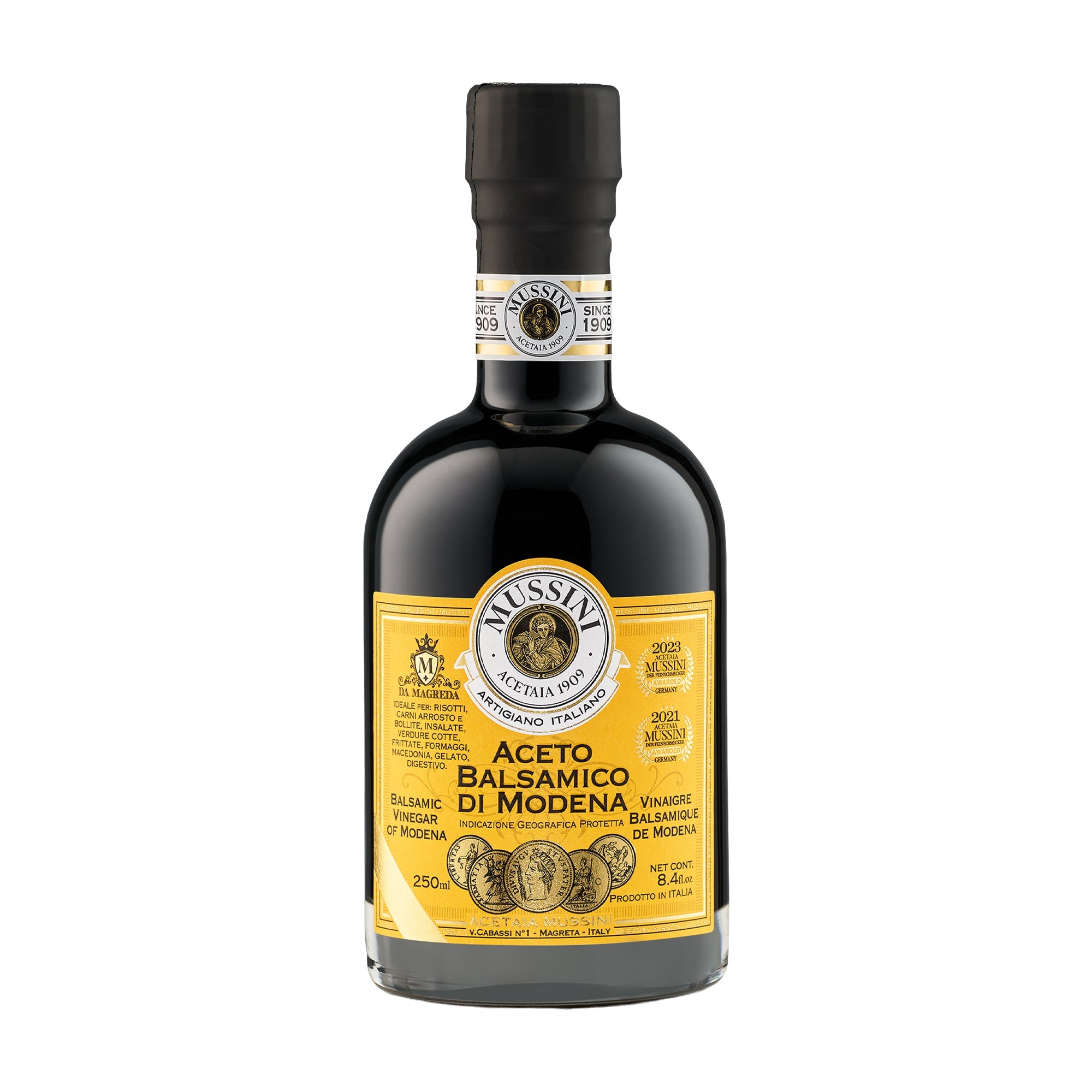 Mussini PGI Balsamic Vinegar of Modena 5 Gold Medals in a 250ml glass bottle.