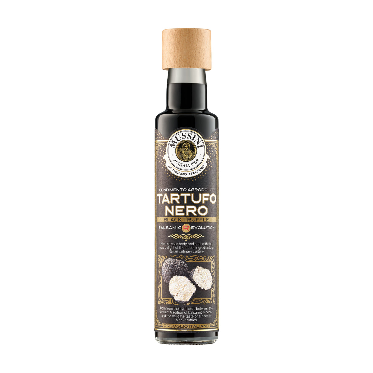 250 ml bottle of Mussini Balsamic R-Evolution Black Truffle Condiment.