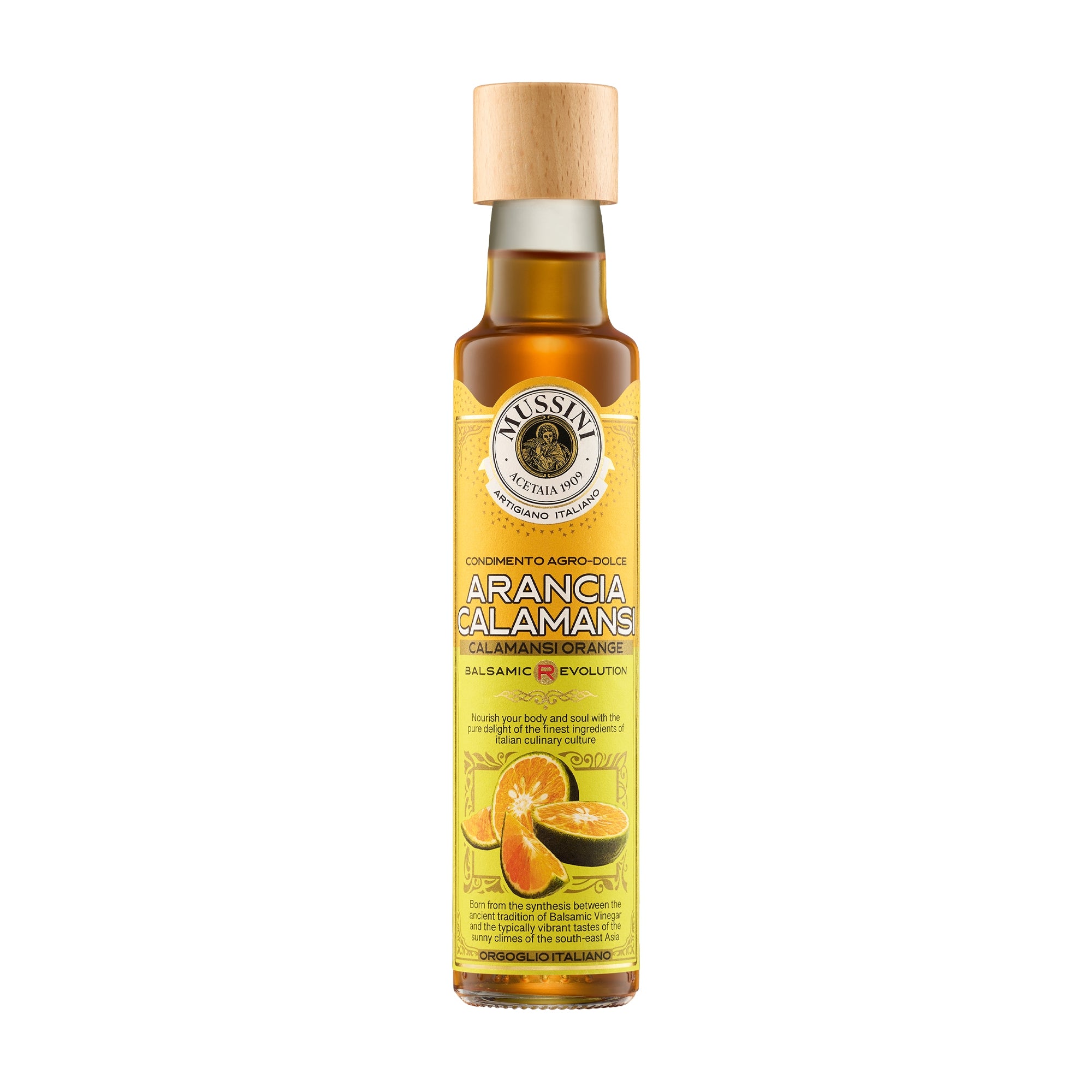 Mussini Balsamic R-Evolution Calamansi Orange Condiment in 250 ml bottle.