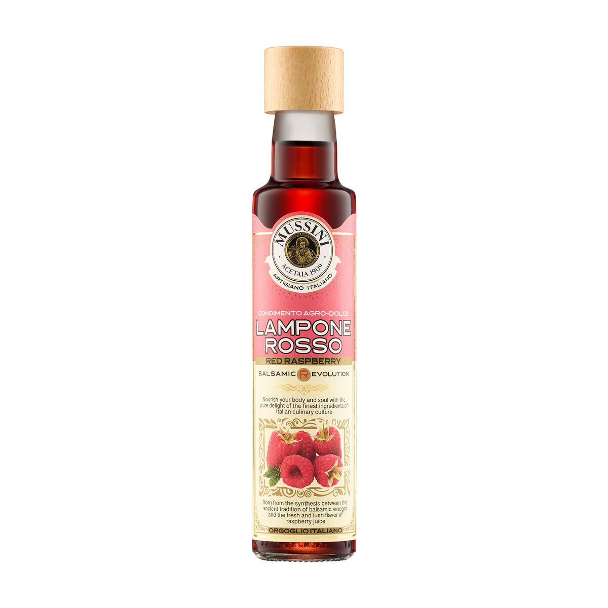 250 ml bottle of Mussini Balsamic R-Evolution Red Raspberry Condiment.