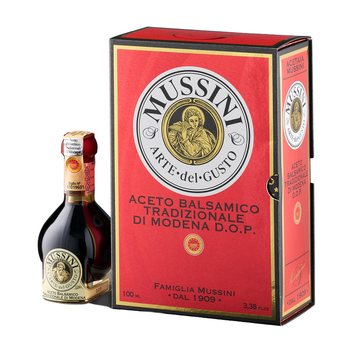 Mussini 12-year Traditional Balsamic Vinegar of Modena DOP, 100 ml bottle beside its elegant red gift box.