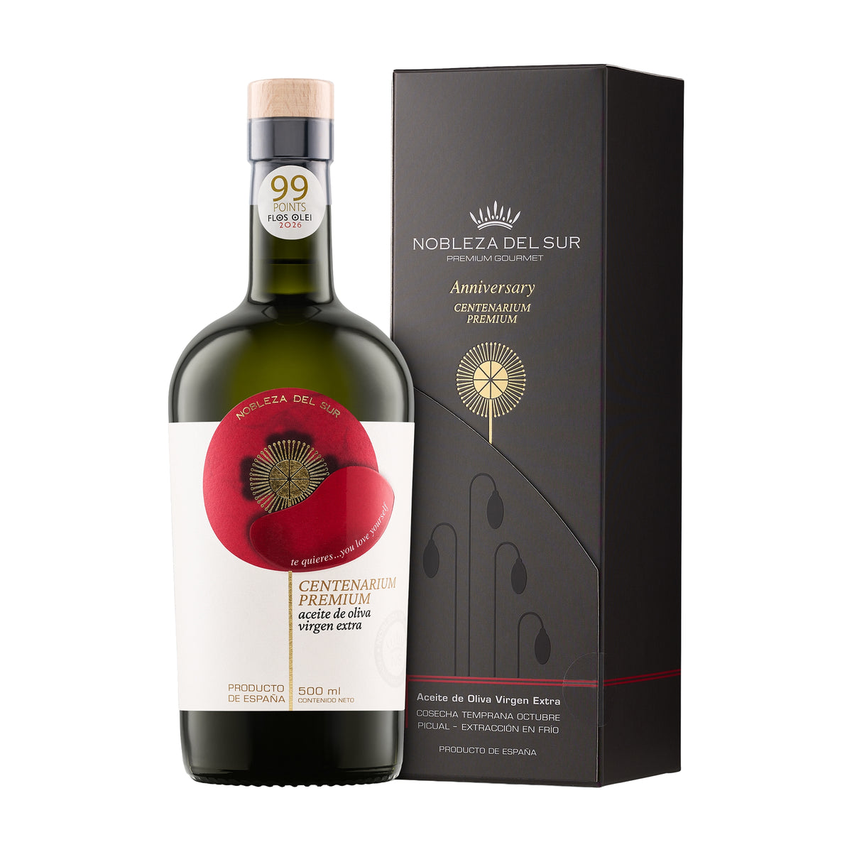 A 500 ml bottle of Nobleza del Sur Centenarium Premium Anniversary Edition and its gift box.