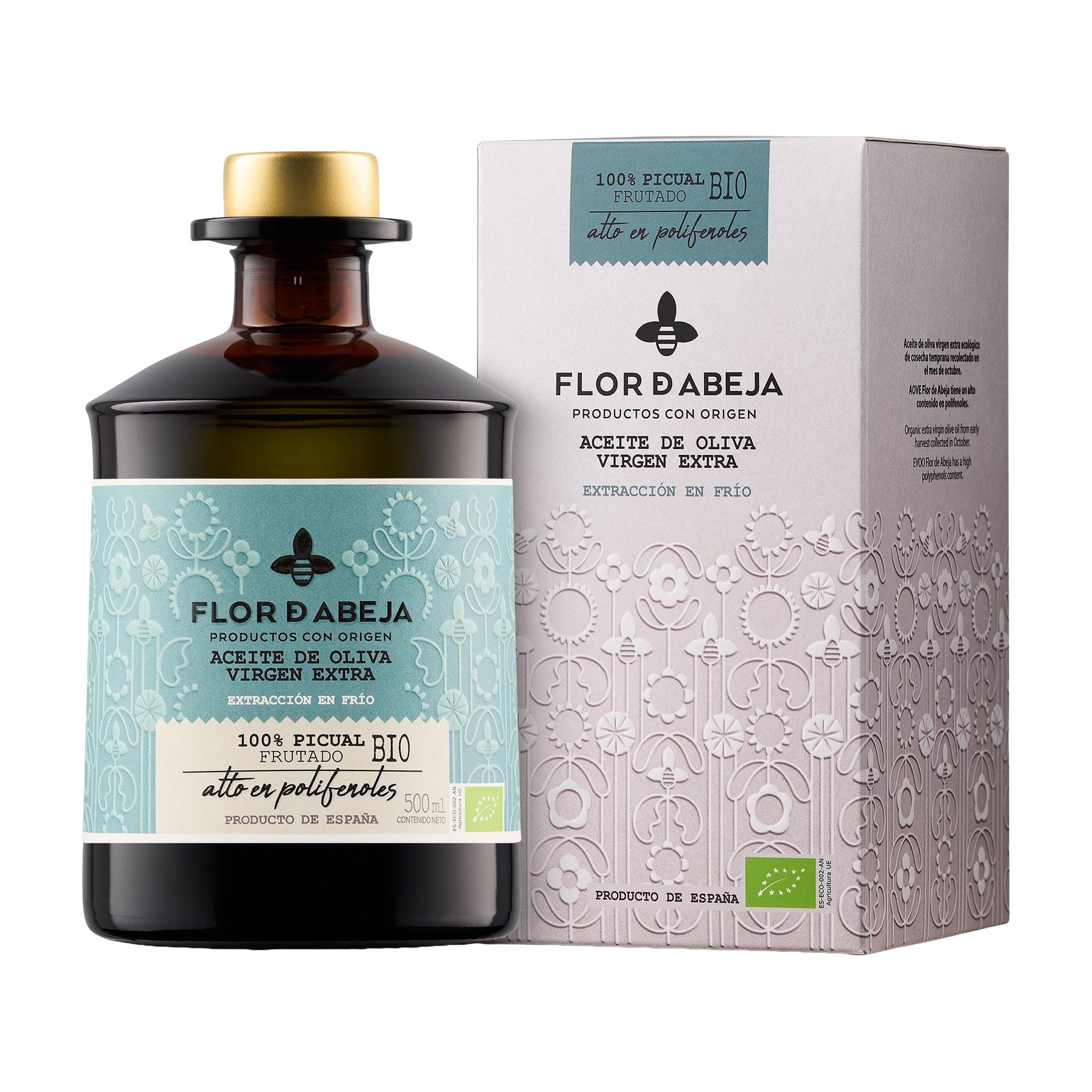 500 ml bottle of Nobleza del Sur Flor de Abeja Organic Picual with its gift box.