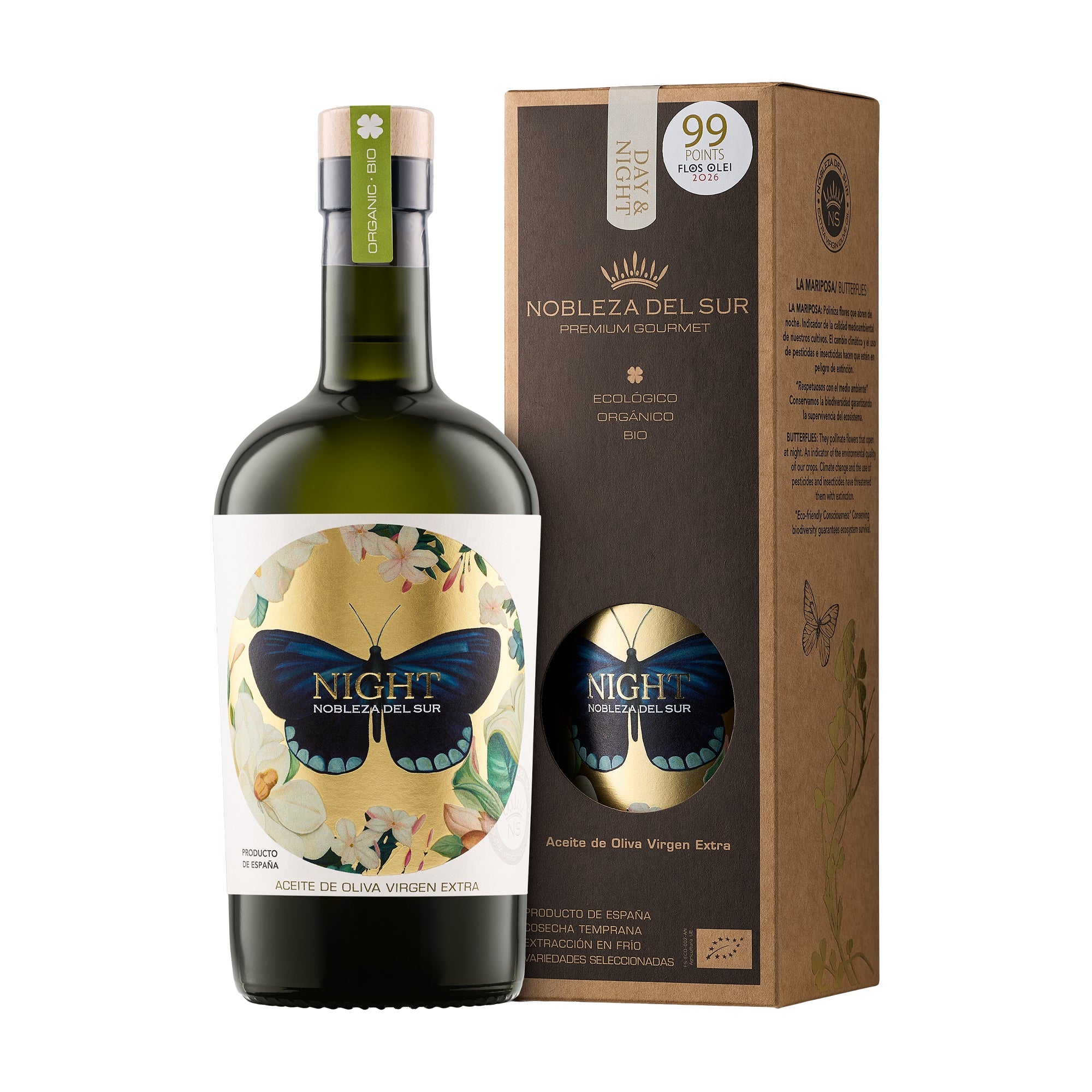 500ml Nobleza del Sur Organic Night extra virgin olive oil bottle and its gift box.