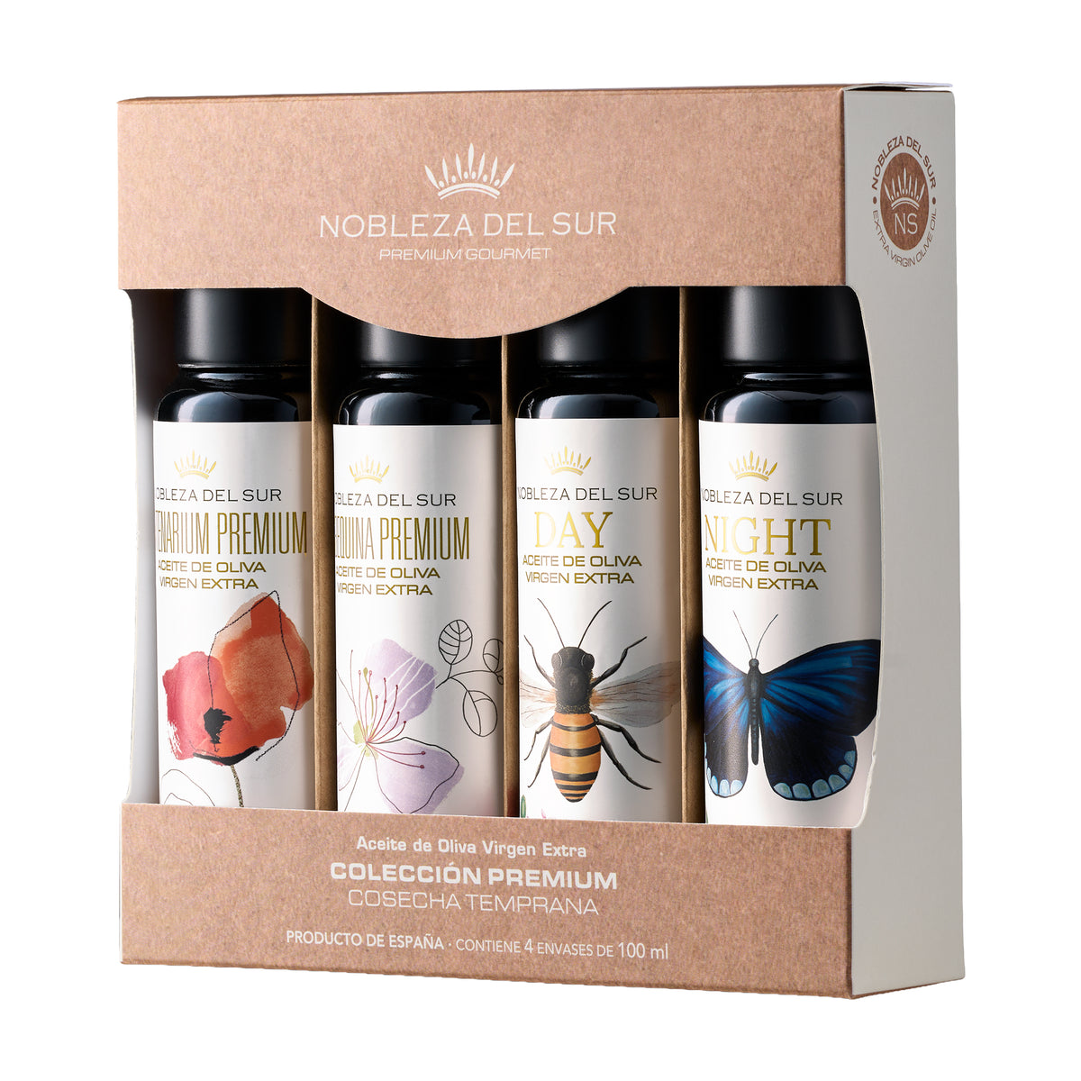 Nobleza del Sur Premium Gourmet Sampler Gift Set with four 100 ml olive oils from Andalusia, Spain.