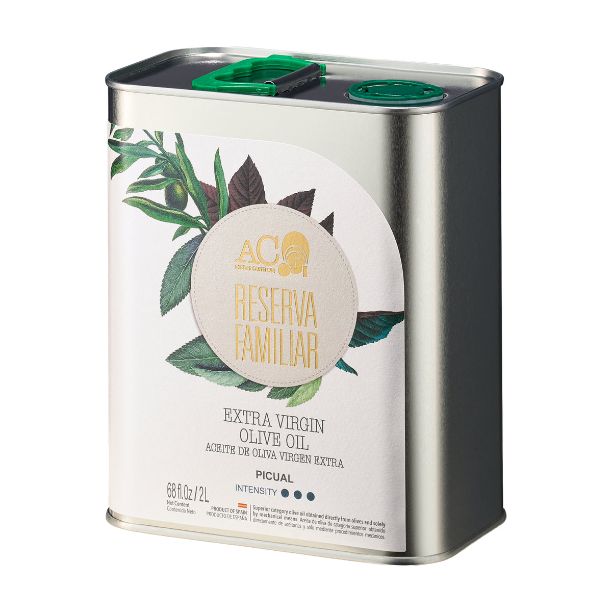 Angled view of Nobleza Del Sur Aceites Castellar Reserva Familiar Picual 2L Tin.
