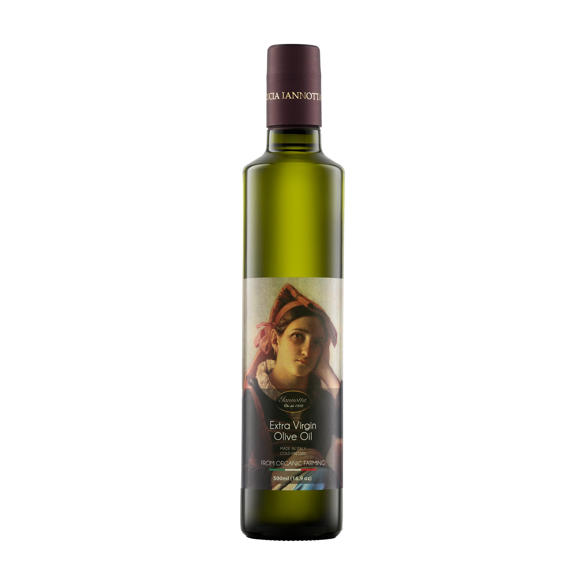 A 500 ml bottle of Iannotta Organic extra virgin olive oil from Lazio, Italy.
