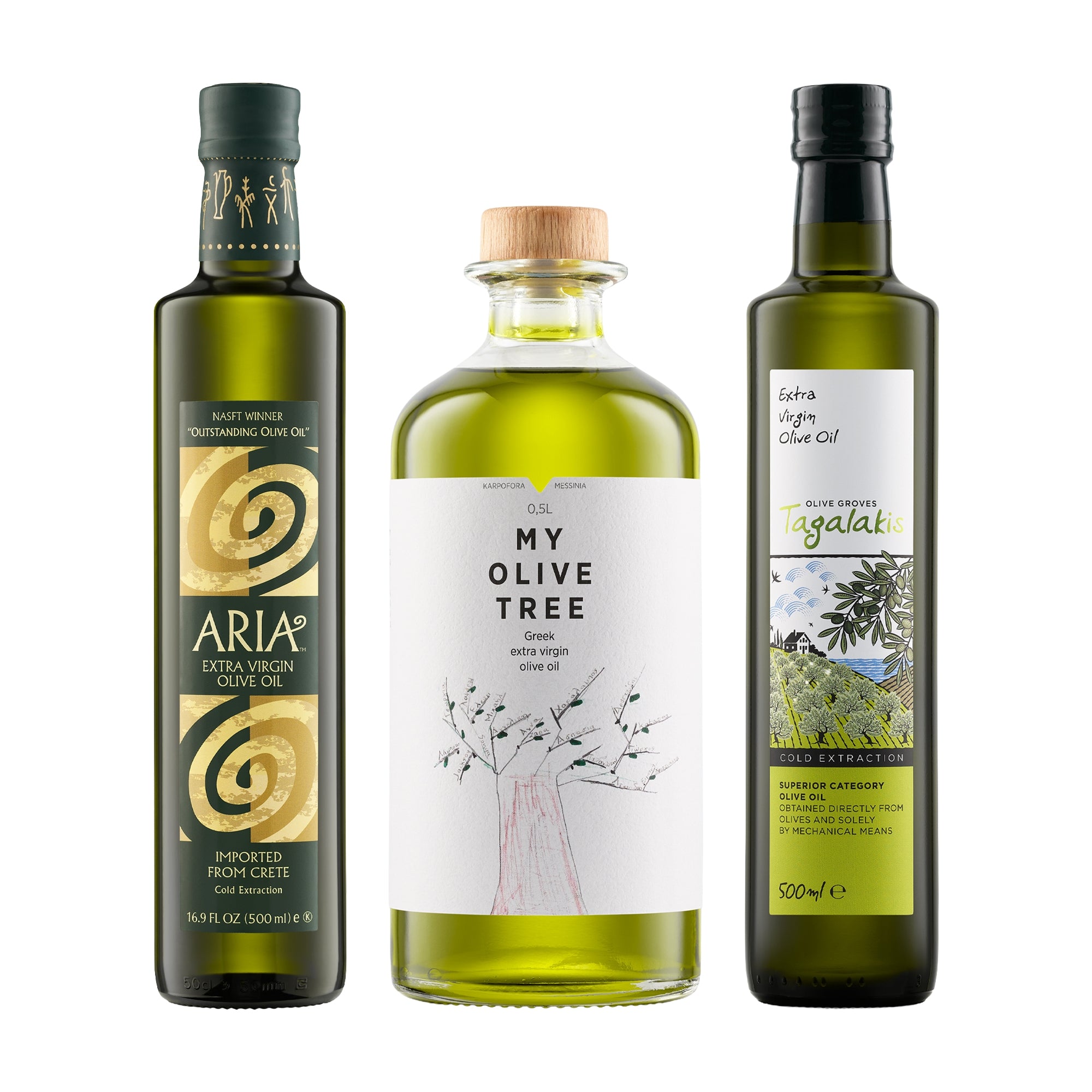 Three Greek extra virgin olive oil bottles; Aria Greek, My Olive Tree, and Tagalakis Elaiones.
