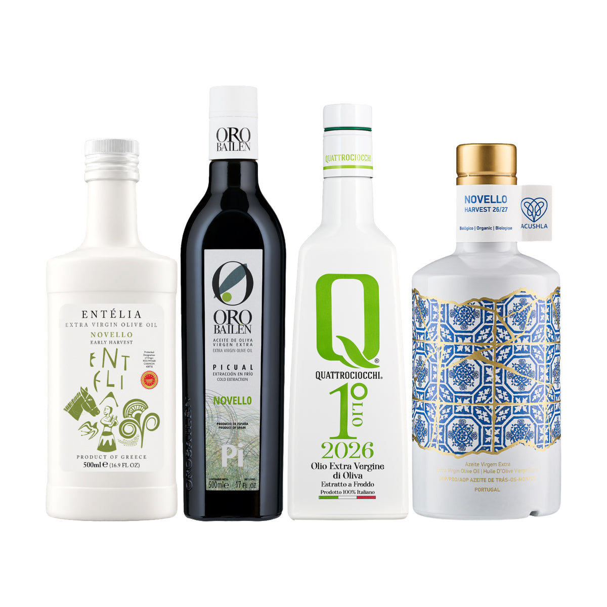 Four Mediterranean early harvest extra virgin olive oils from Entelia, Oro Bailen, Quattrociocchi, and Acushla.
