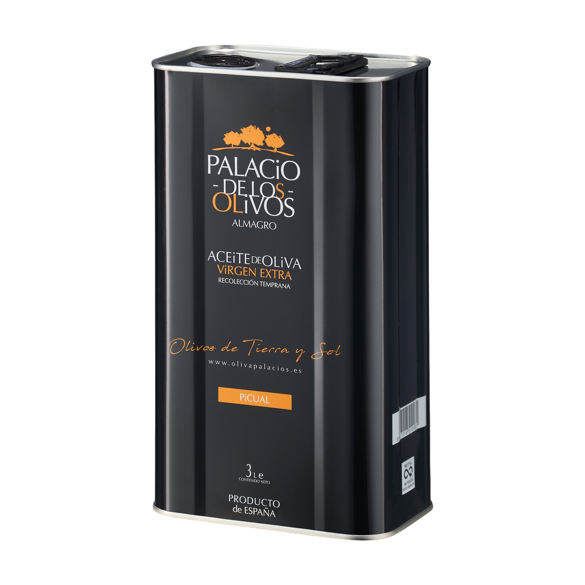 Angled view of Palacio de los Olivos Picual 3L Tin extra virgin olive oil.