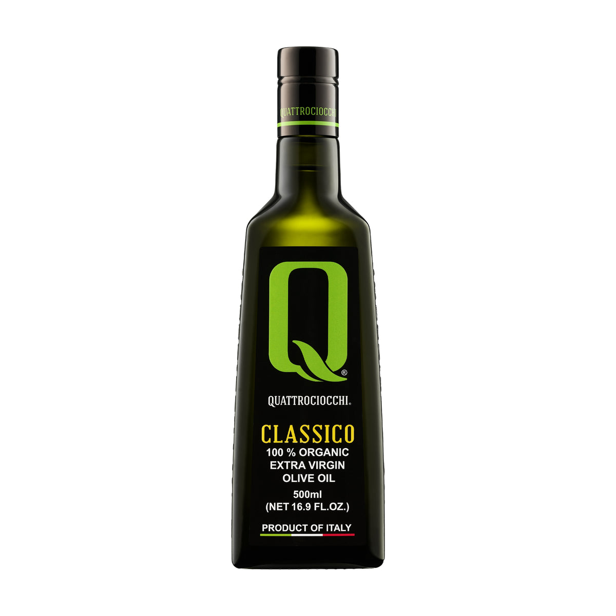 A 500 ml bottle of Quattrociocchi Classico Organic extra virgin olive oil from Lazio, Italy.