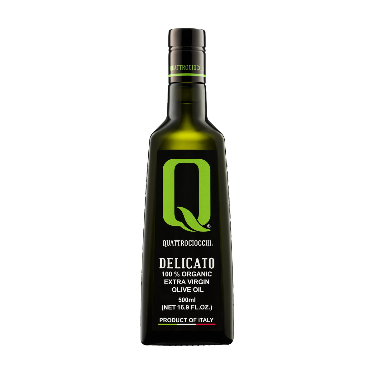 500 ml bottle of Quattrociocchi Delicato Organic extra virgin olive oil from Lazio, Italy.