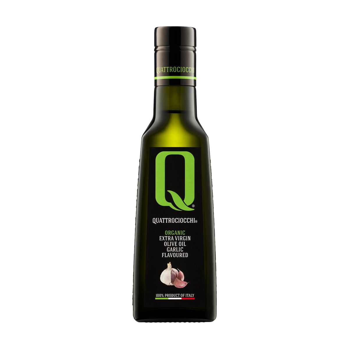 A 250 ml bottle of Quattrociocchi Garlic flavored extra virgin olive oil from Lazio, Italy.
