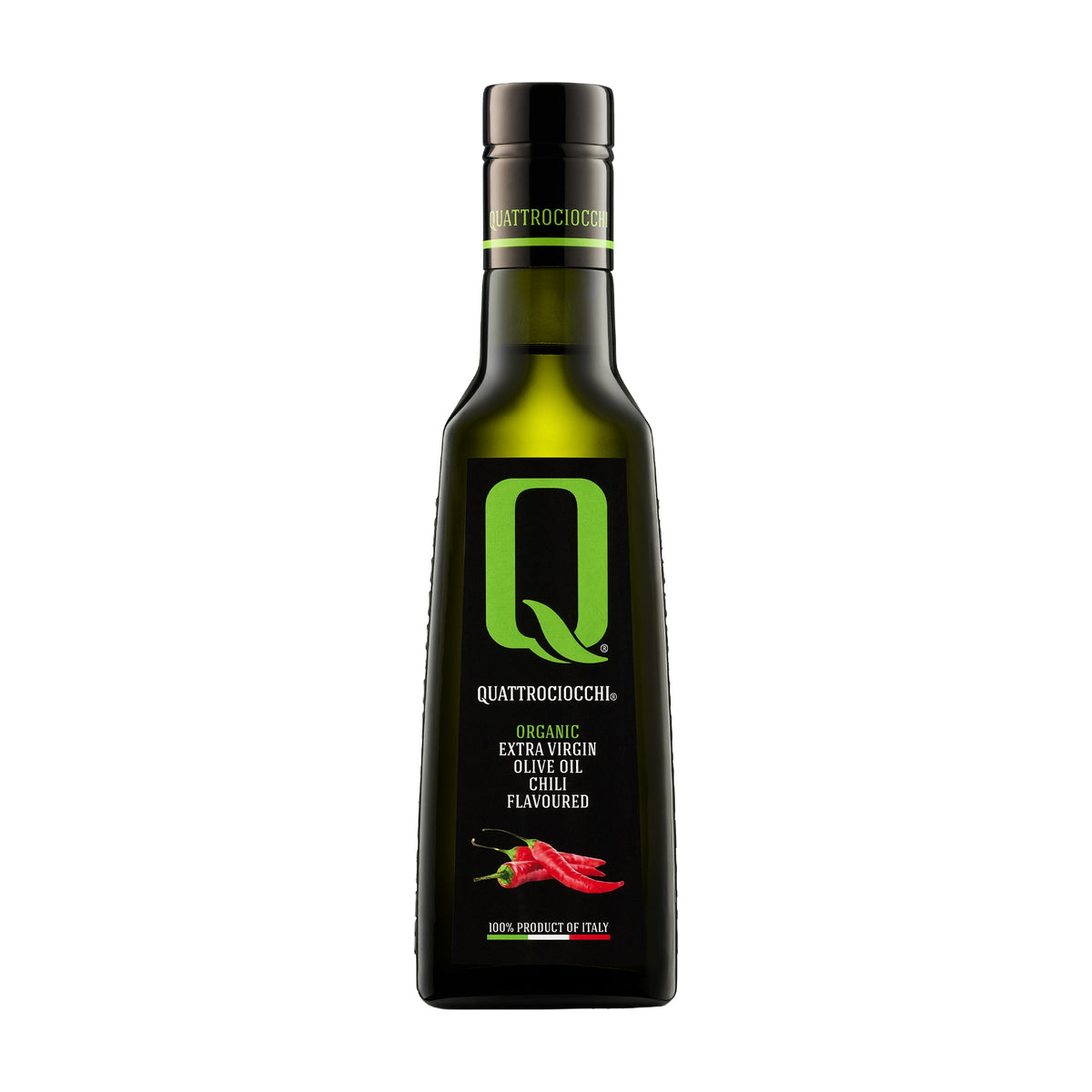250 ml bottle of Quattrociocchi Peperoncino flavored extra virgin olive oil from Lazio, Italy.