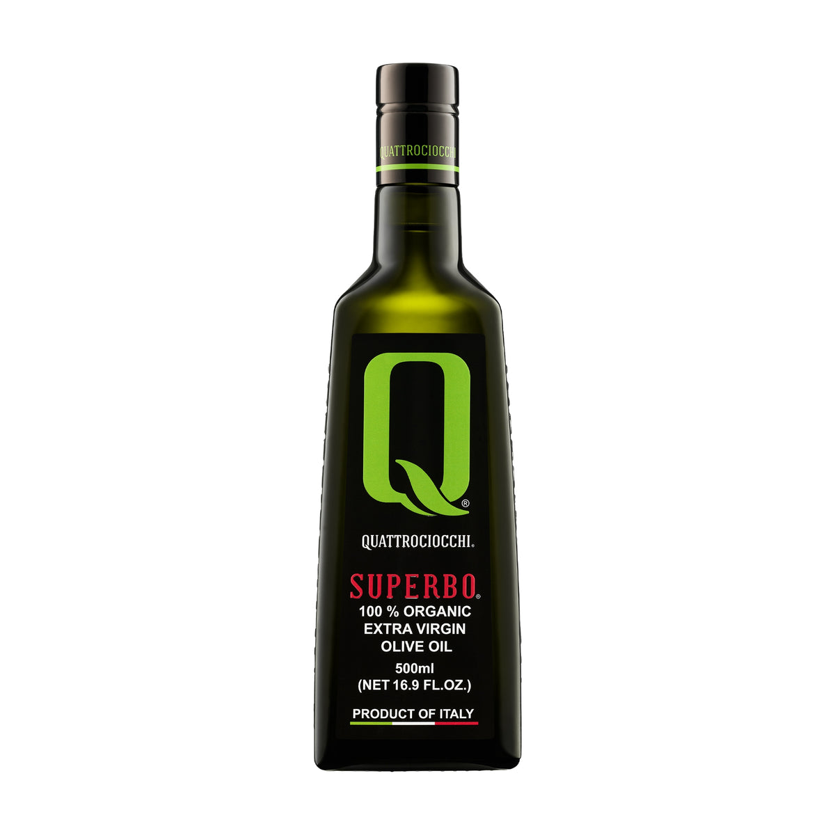Quattrociocchi Superbo Organic extra virgin olive oil in a 500 ml dark glass bottle.