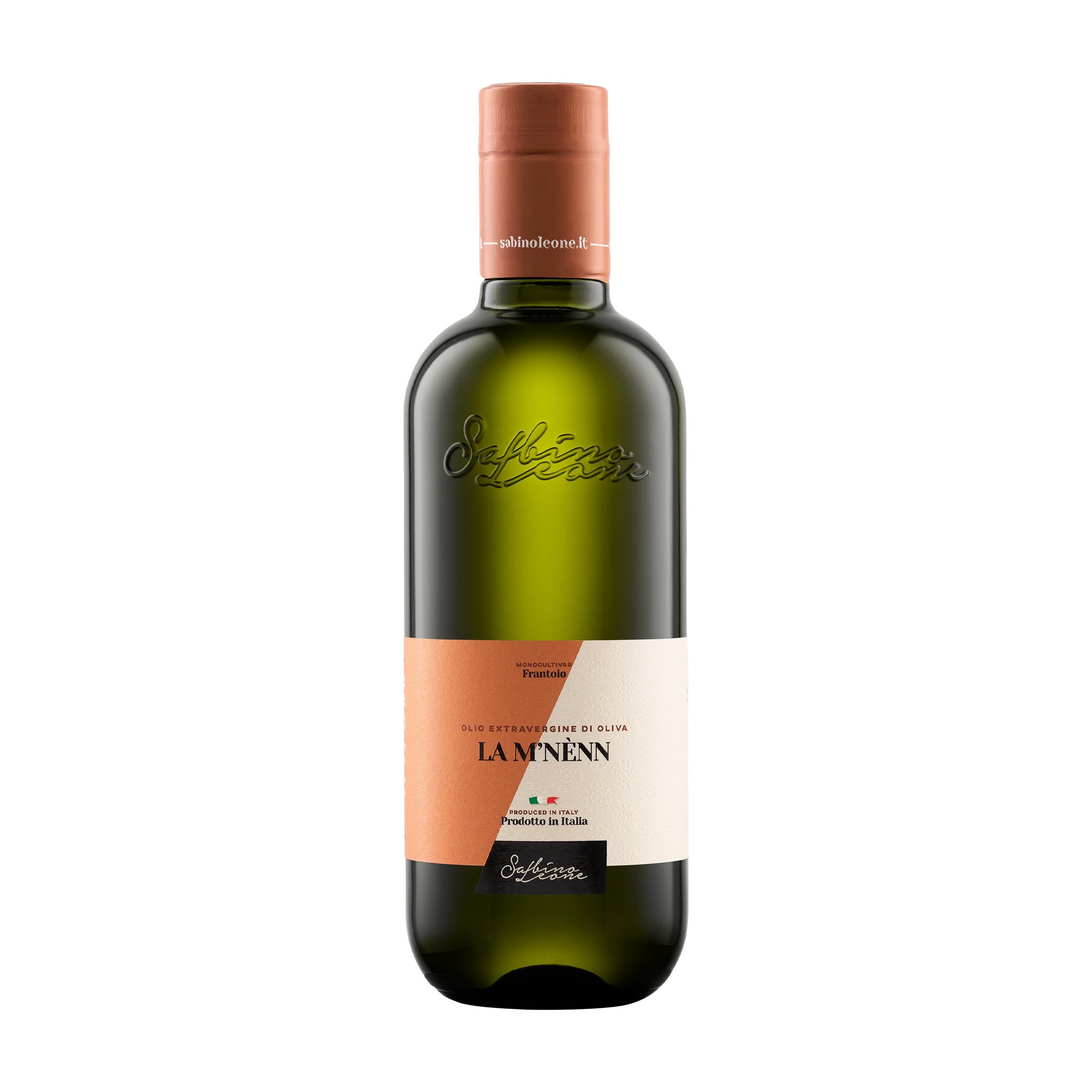 500 ml bottle of Sabino Leone La M'Nenn extra virgin olive oil from Puglia, Italy.