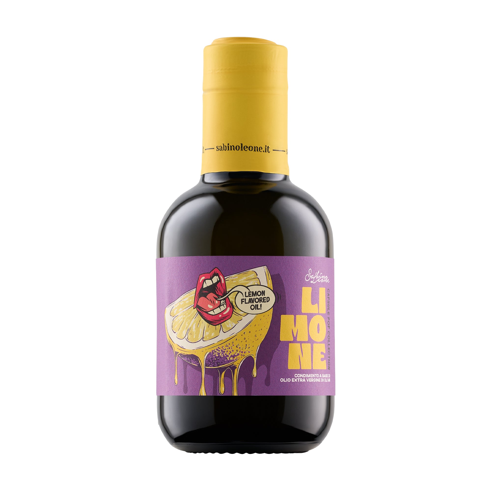 250 ml bottle of Sabino Leone Lemon flavored extra virgin olive oil.