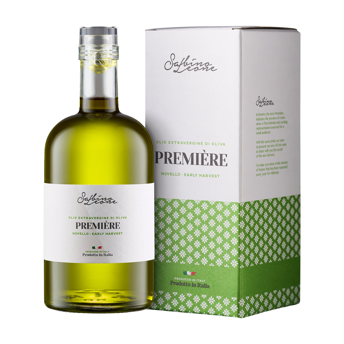 Sabino Leone Première Novello 500 ml olive oil bottle beside its gift box.