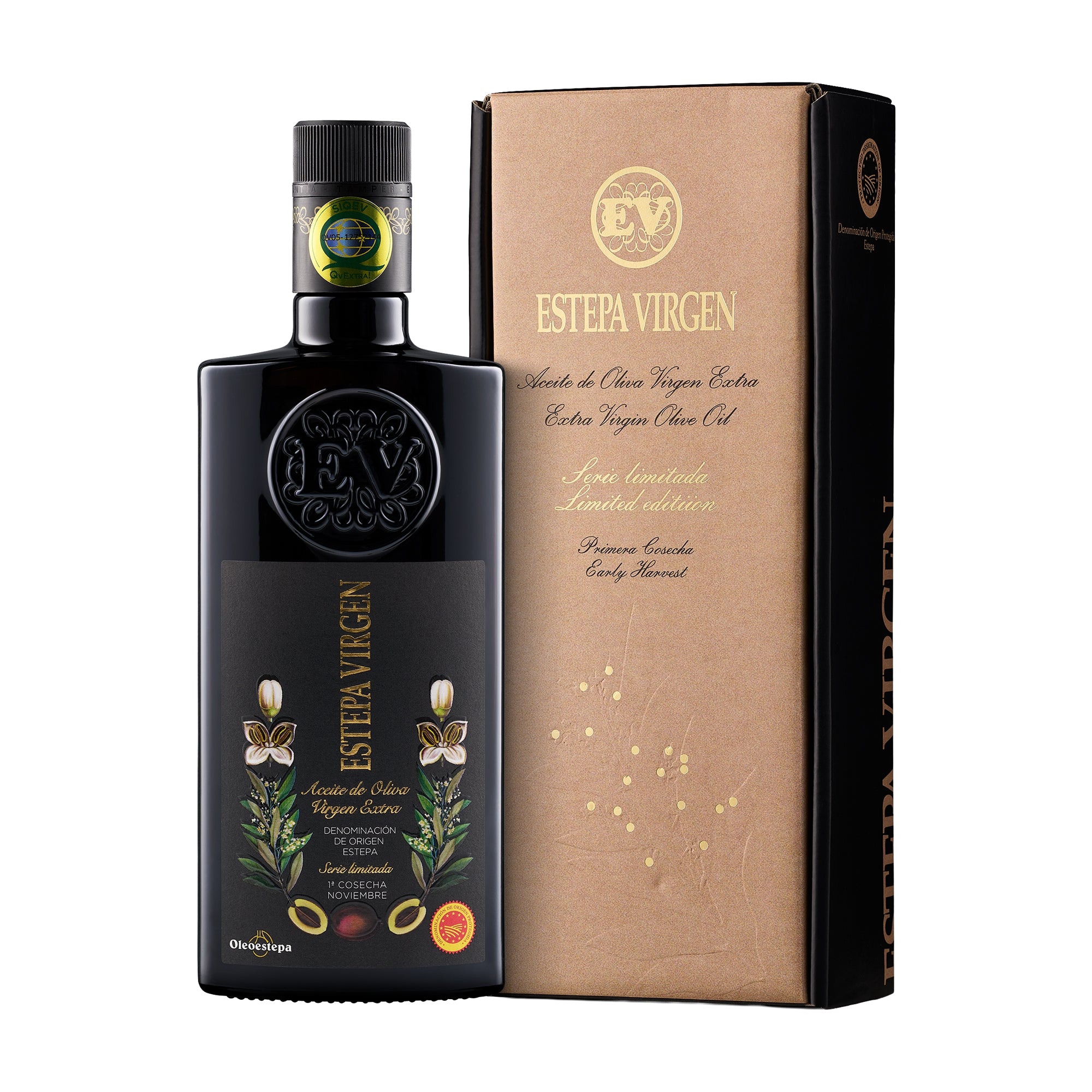Estepa Virgen Premium olive oil bottle with its gift box.