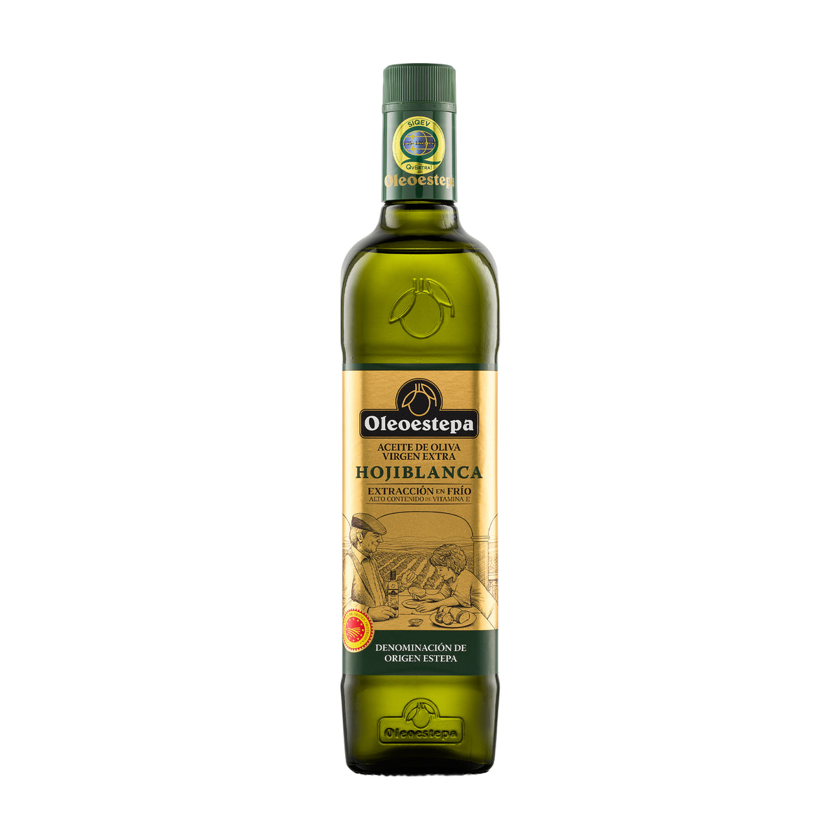 A 750 ml bottle of Oleoestepa Hojiblanca extra virgin olive oil from Andalusia, Spain.