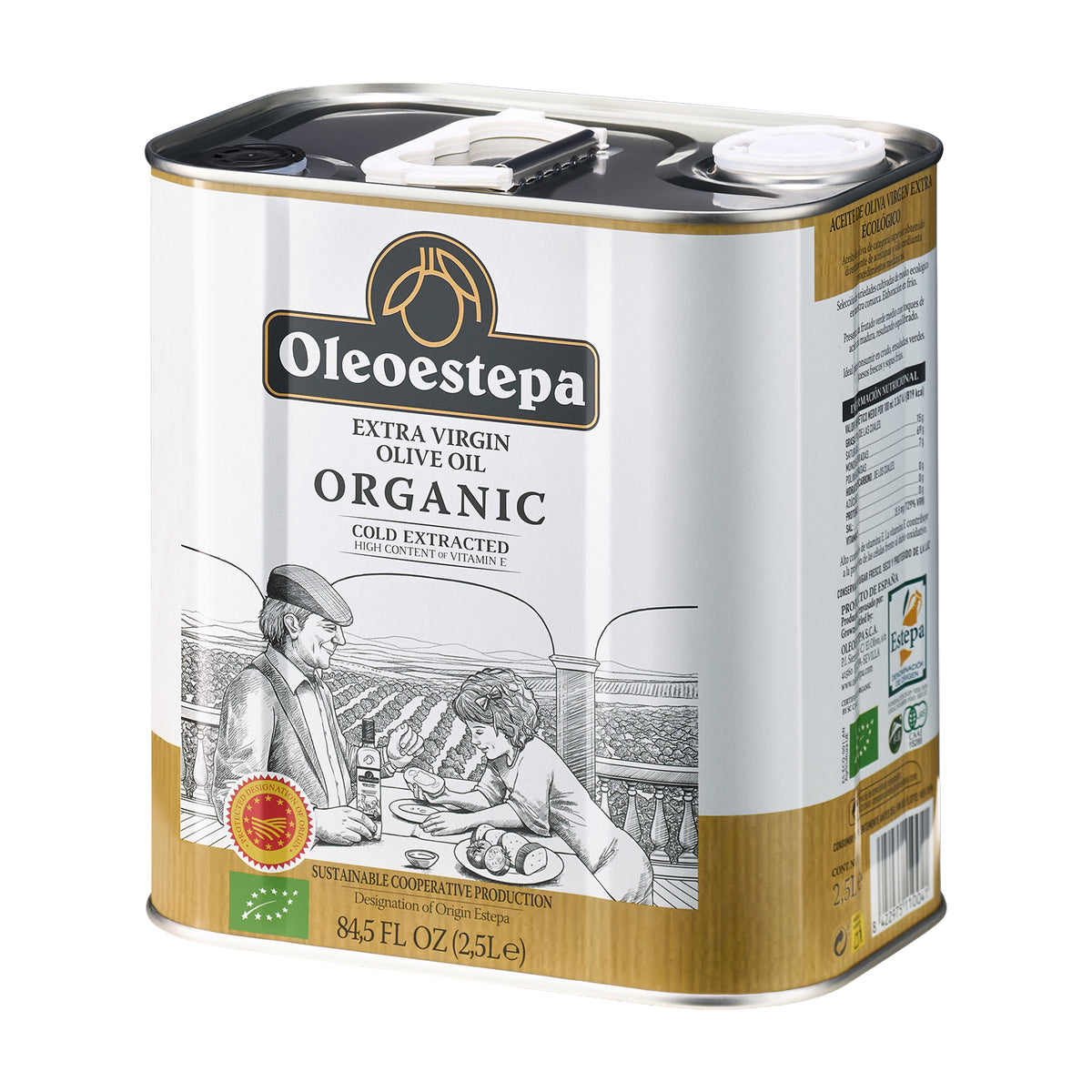 Angled view of Oleoestepa Organic 2.5L extra virgin olive oil tin from Andalusia, Spain.
