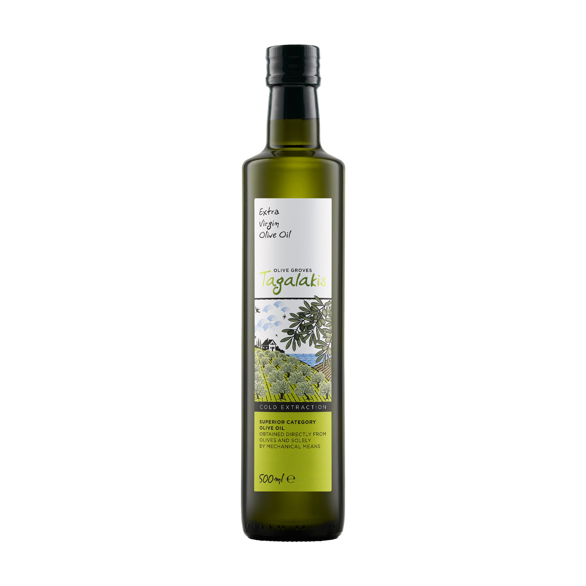 500 ml bottle of Tagalakis Elaiones extra virgin olive oil, from Peloponnese, Greece.