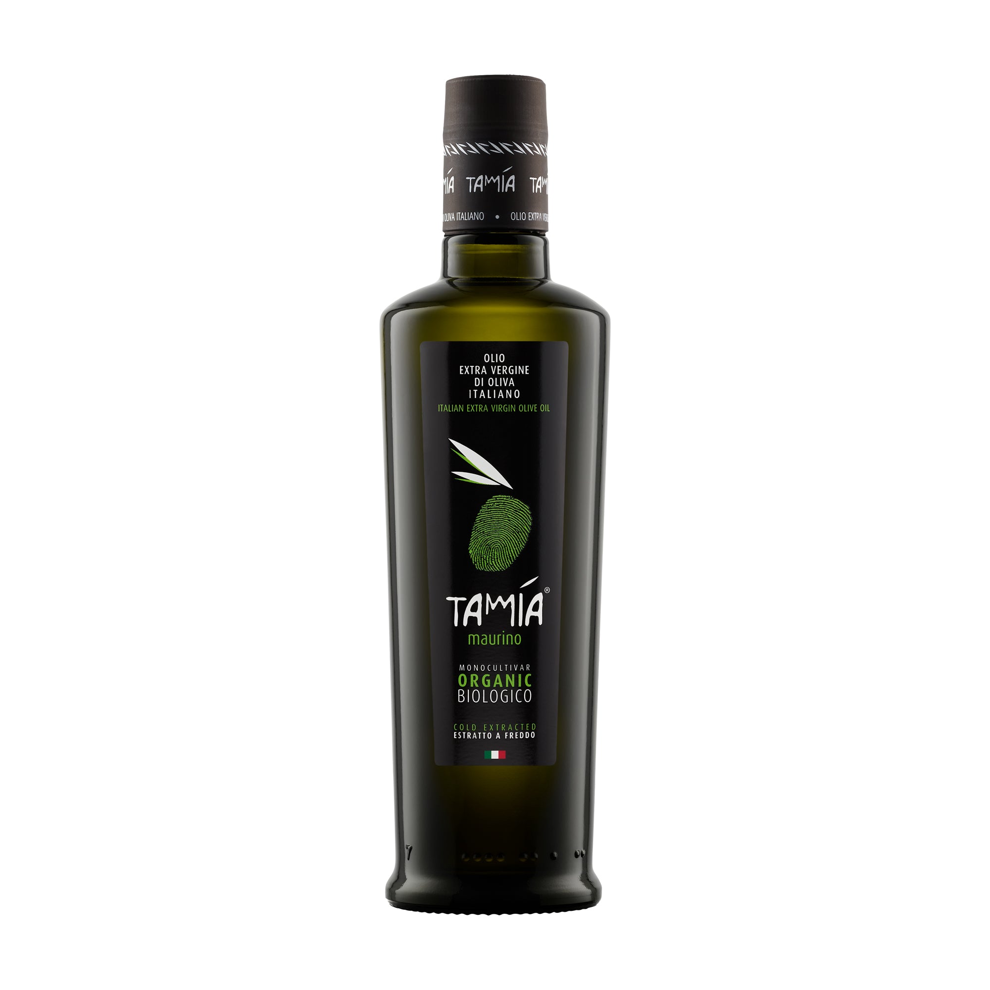 500 ml bottle of Tamia Maurino Organic extra virgin olive oil from Lazio, Italy.