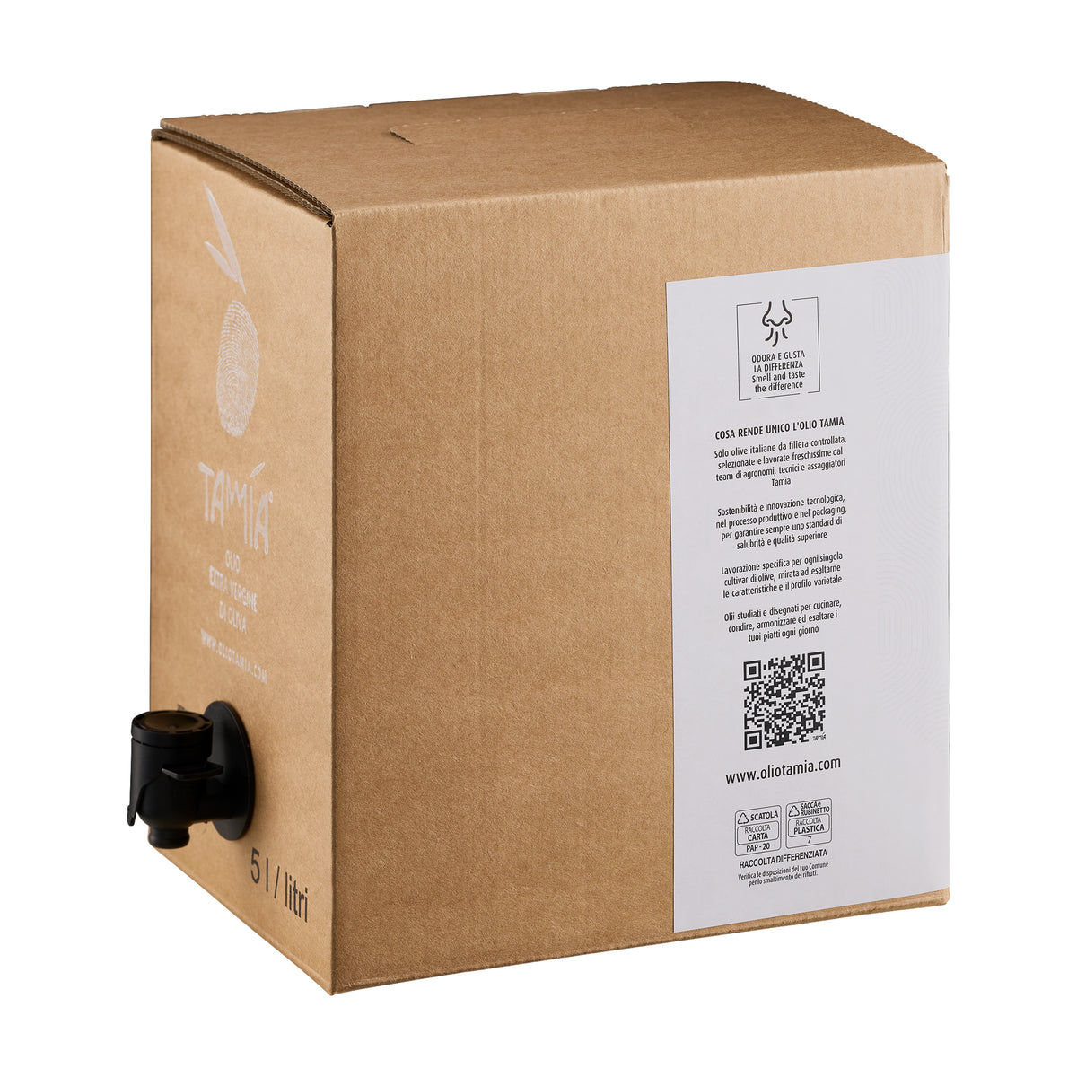 Tamia Organic extra virgin olive oil in 5L Bag-in-Box with dispensing spout extended.